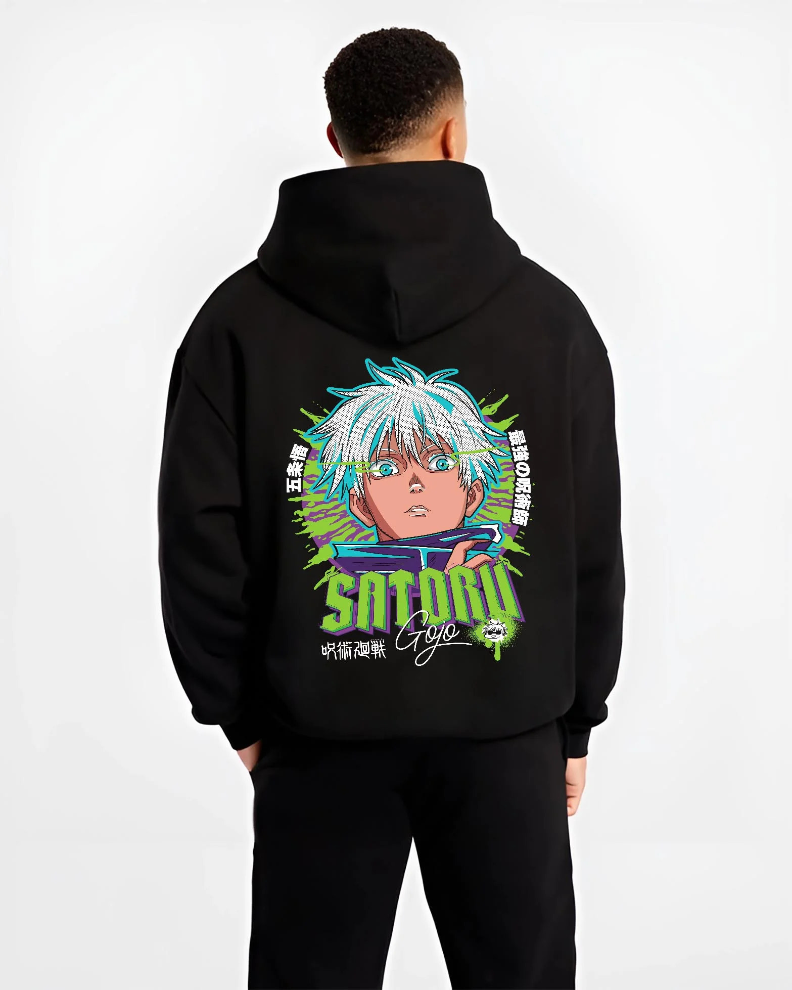 Black hoodie worn by male model, back view with Jujutsu Kaisen Hoodie Satoru Gojo Green Aura Jumper graphic streetwear graphic.
