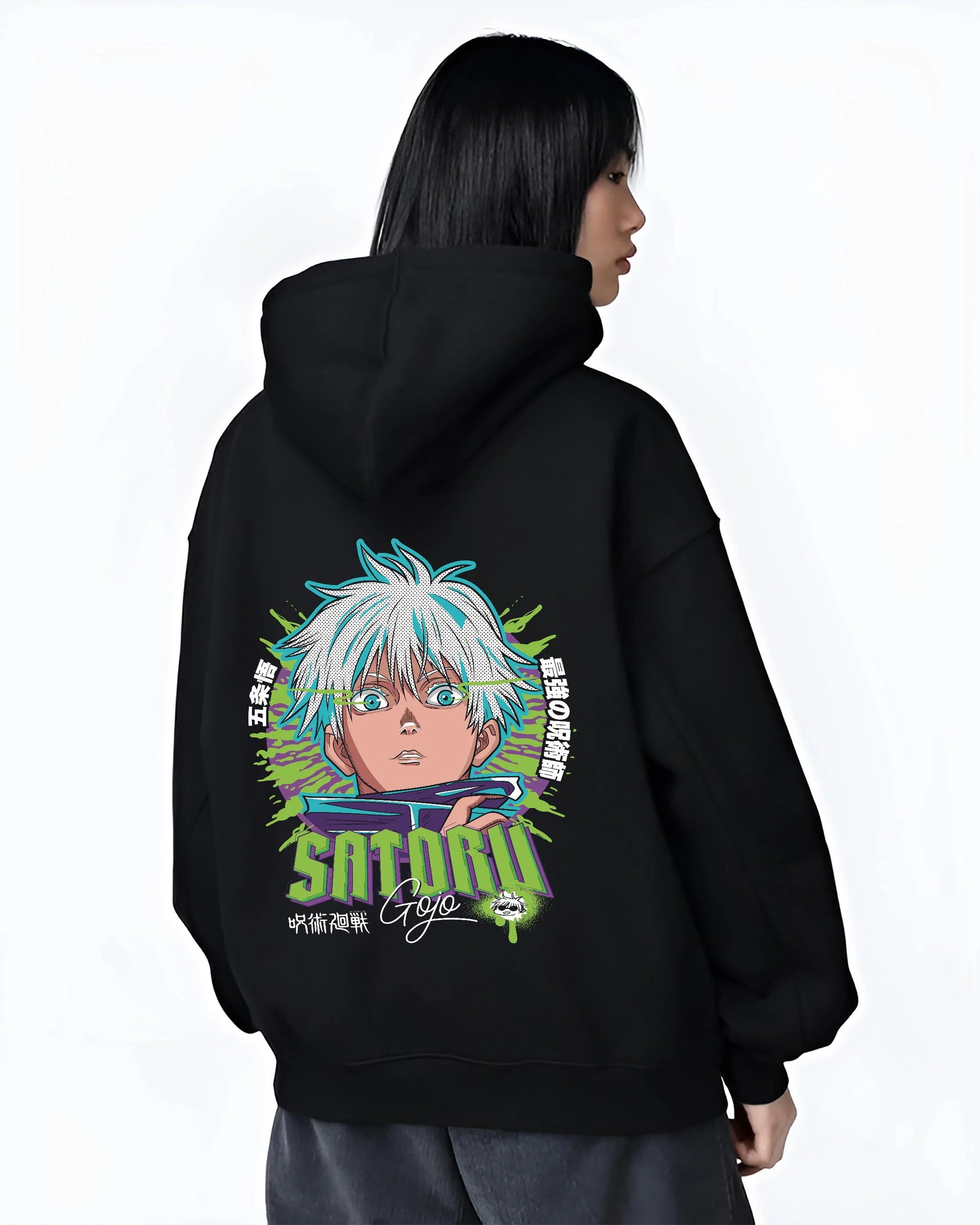 Black hoodie worn by female model, back view with Jujutsu Kaisen Hoodie Satoru Gojo Green Aura Jumper graphic bold anime graphic.