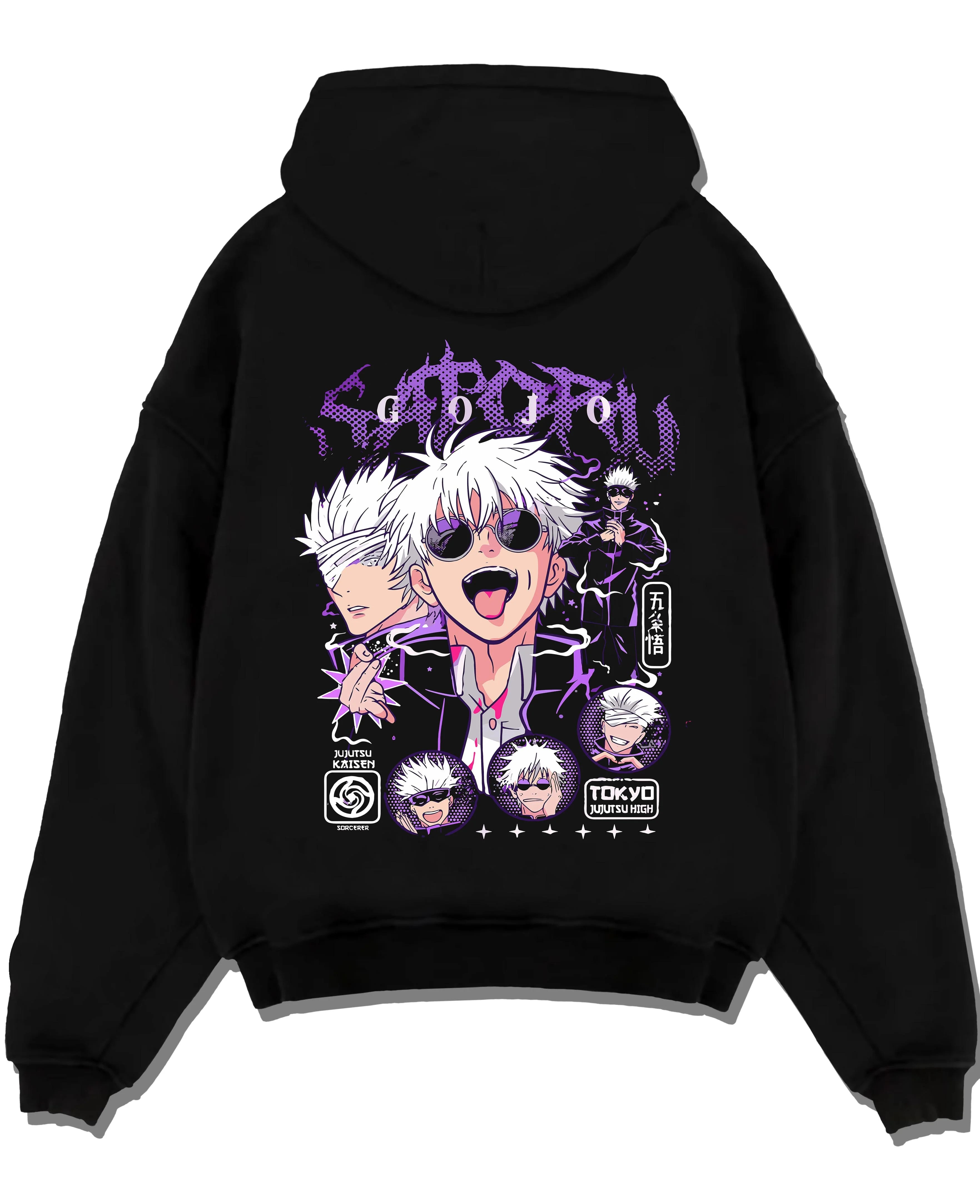 Black pullover hoodie laid flat with Jujutsu Kaisen Hoodie Satoru Gojo Casual Outfit Jumper graphic premium wear.