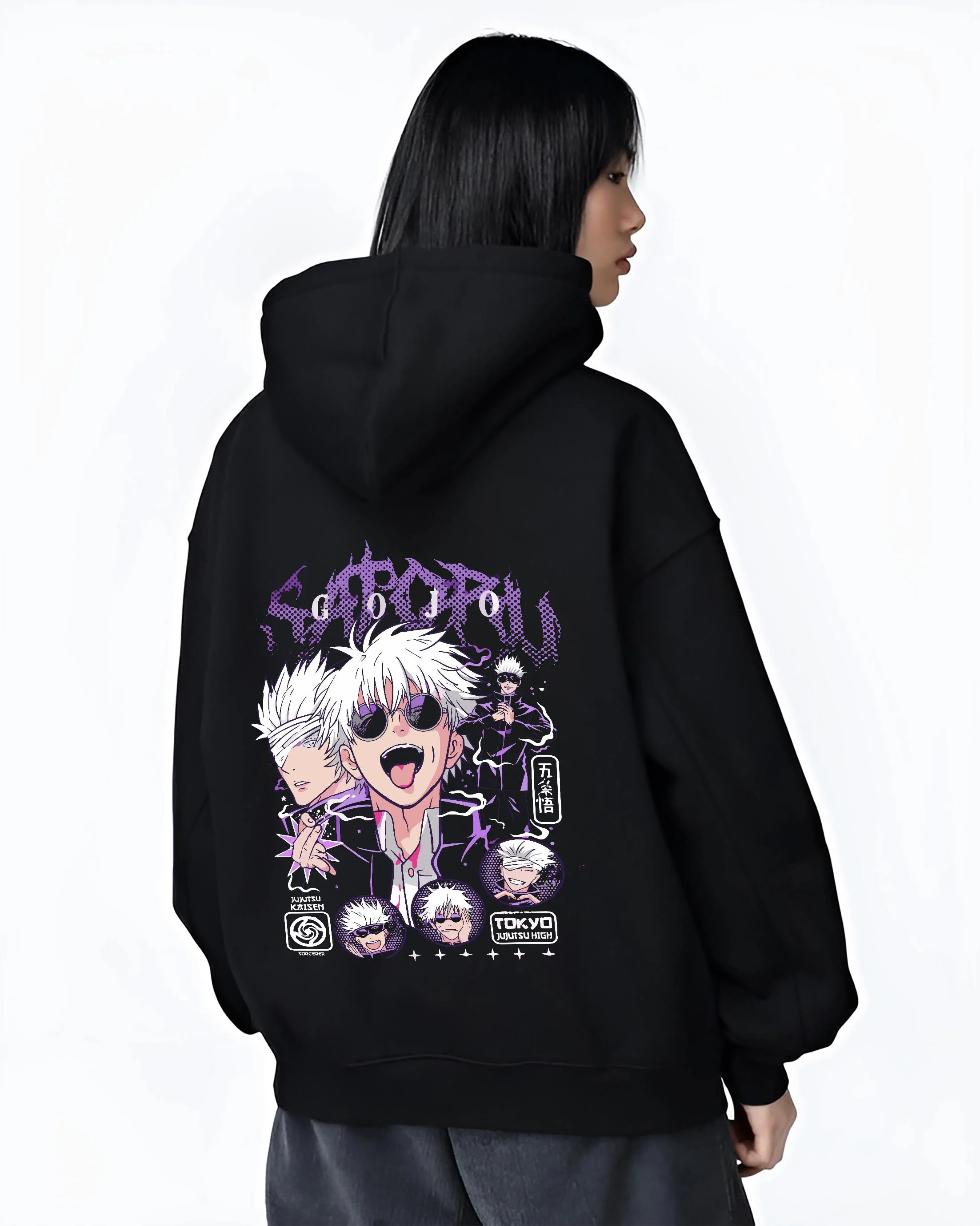 Black hoodie worn by female model, back view with Jujutsu Kaisen Hoodie Satoru Gojo Casual Outfit Jumper graphic bold anime graphic.