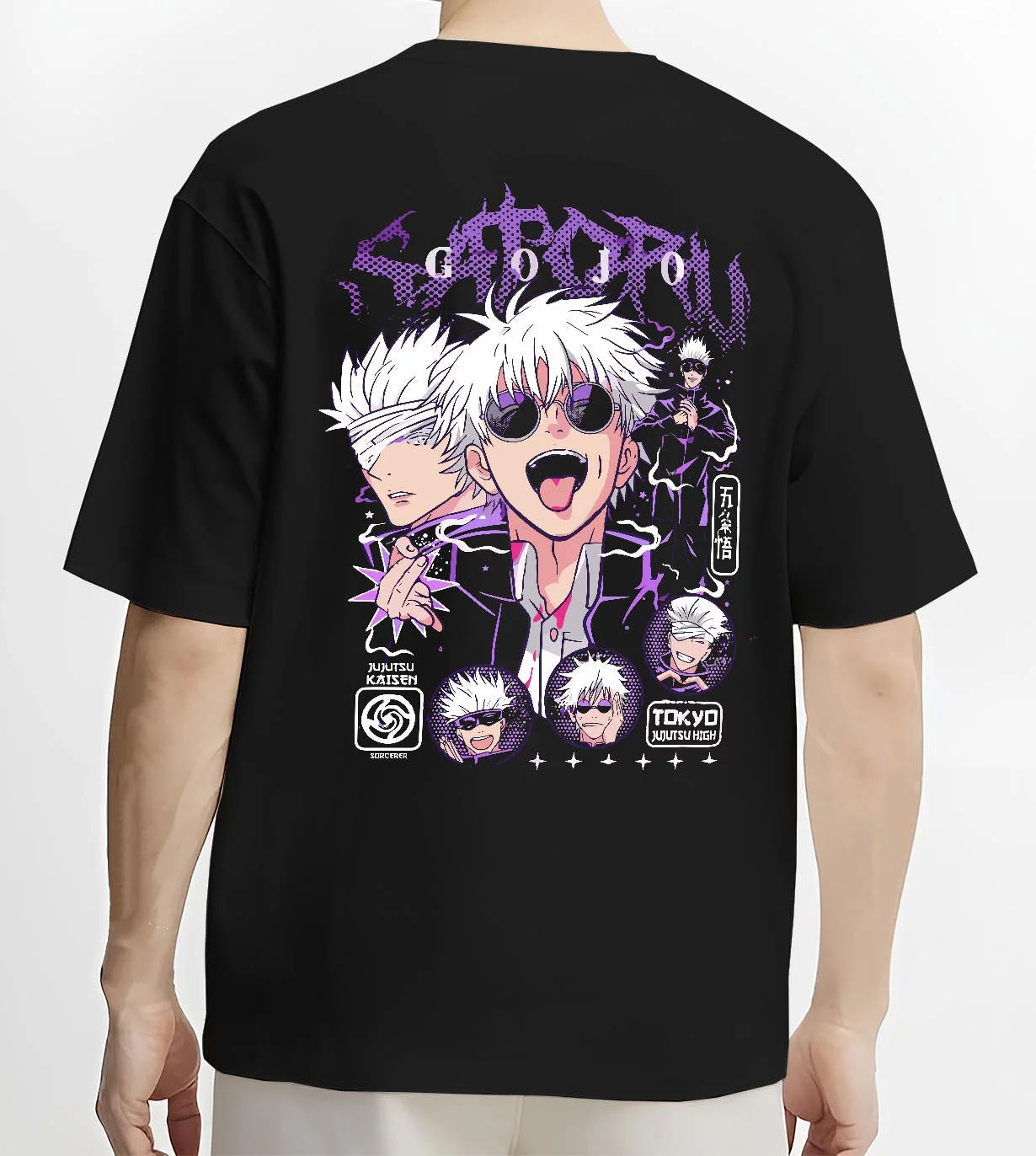 Black T-shirt worn by male model, back view with Jujutsu Kaisen Hoodie Satoru Gojo Casual Outfit Jumper graphic streetwear graphic.