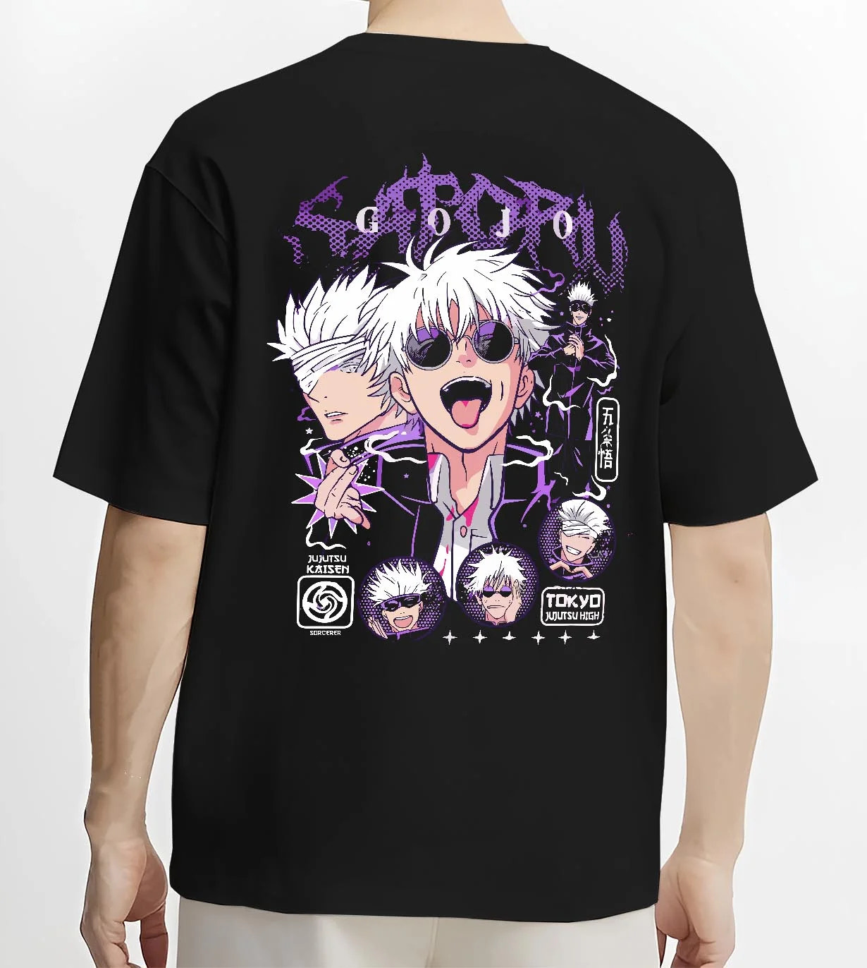 Black T-shirt worn by male model, back view with Jujutsu Kaisen Hoodie Satoru Gojo Casual Outfit Jumper graphic streetwear graphic.