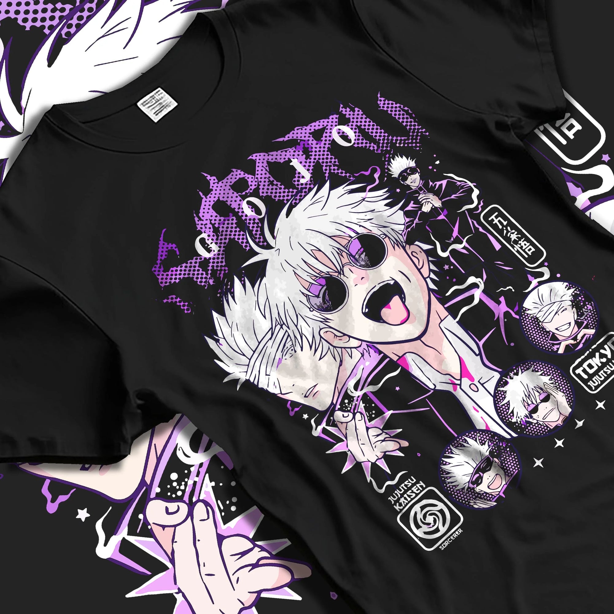 Black T-shirt laid flat with natural folds with Jujutsu Kaisen Hoodie Satoru Gojo Casual Outfit Jumper graphic bold anime graphic.