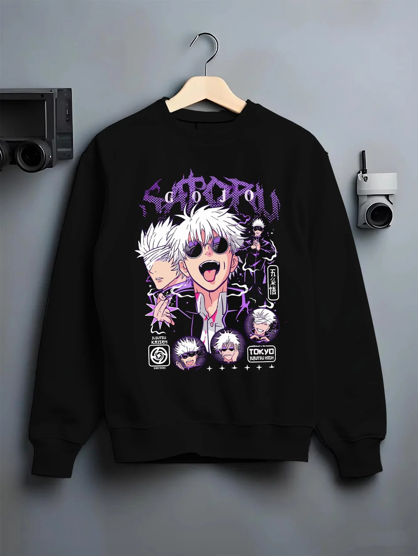 Black crewneck sweatshirt on hanger with Jujutsu Kaisen Hoodie Satoru Gojo Casual Outfit Jumper graphic bold anime graphic.