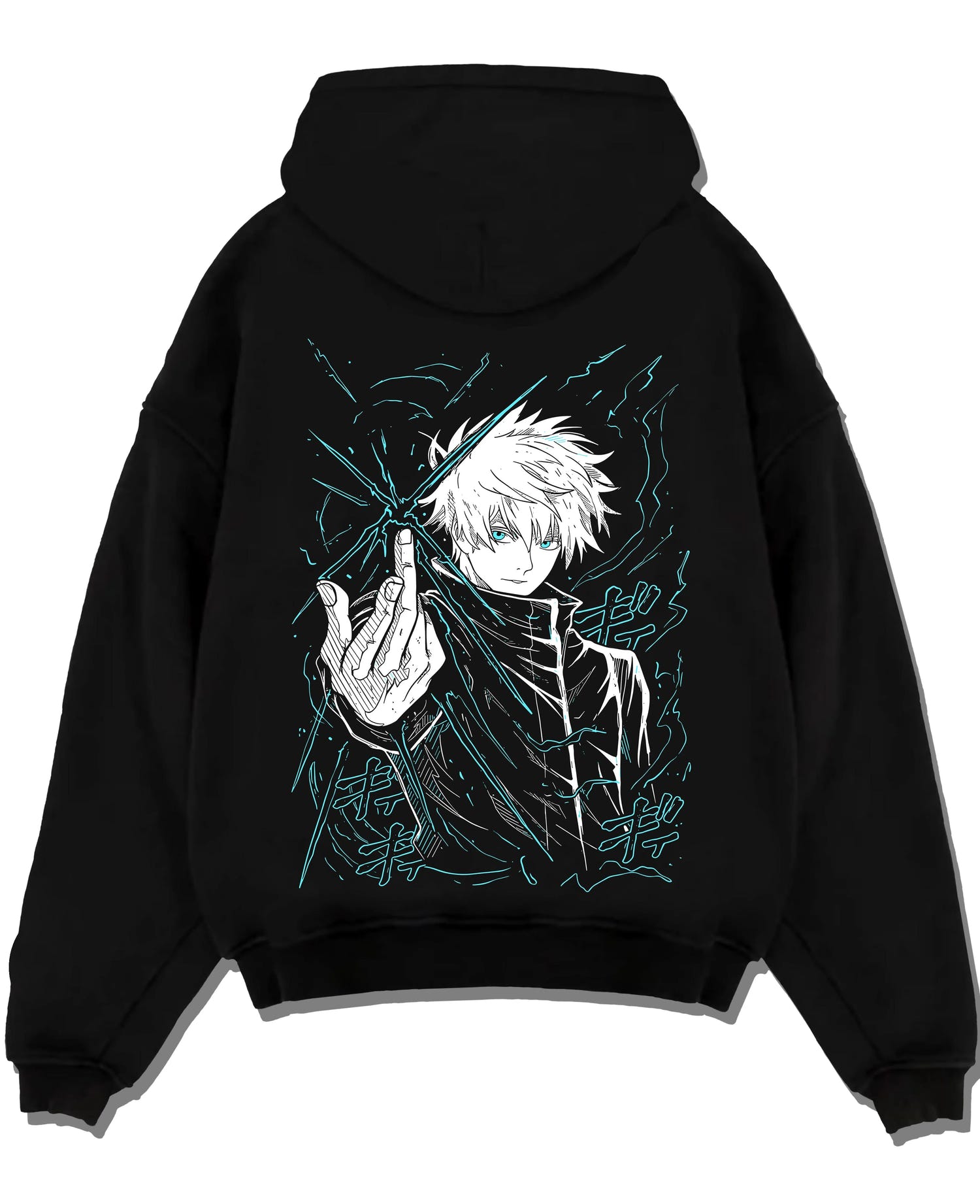 Black pullover hoodie laid flat with Jujutsu Kaisen Hoodie Satoru Gojo Epic Clash Jumper graphic bold anime graphic.