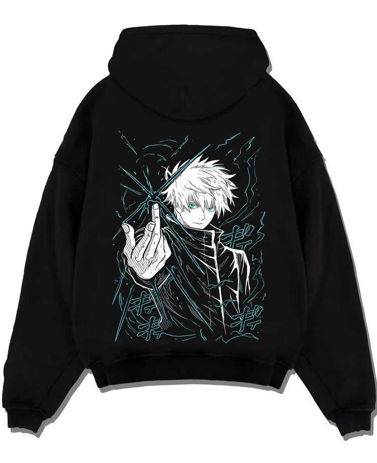 Black pullover hoodie laid flat with Jujutsu Kaisen Hoodie Satoru Gojo Epic Clash Jumper graphic bold anime graphic.