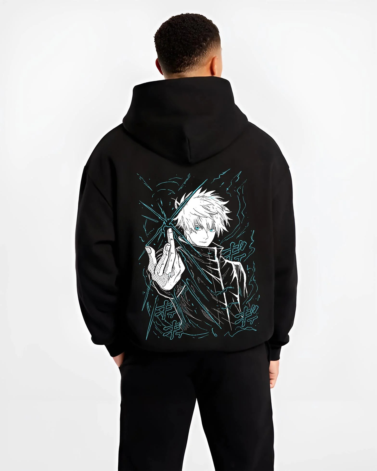 Black hoodie worn by male model, back view with Jujutsu Kaisen Hoodie Satoru Gojo Epic Clash Jumper graphic bold anime graphic.