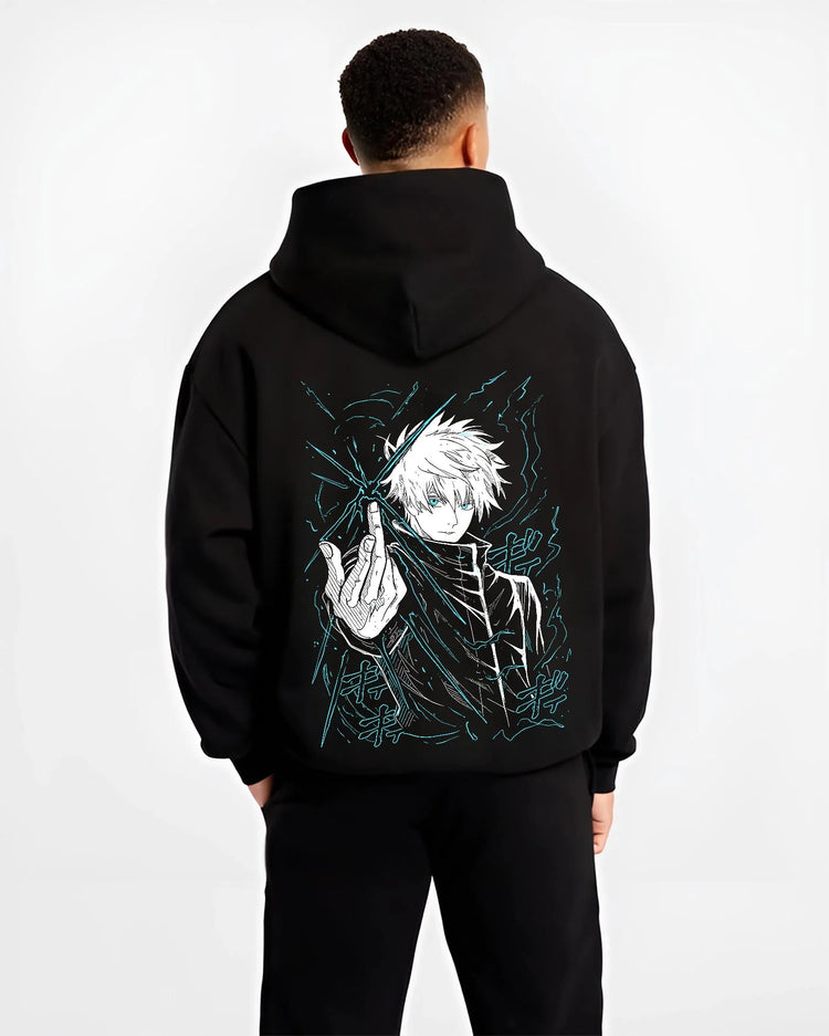 Black hoodie worn by male model, back view with Jujutsu Kaisen Hoodie Satoru Gojo Epic Clash Jumper graphic bold anime graphic.