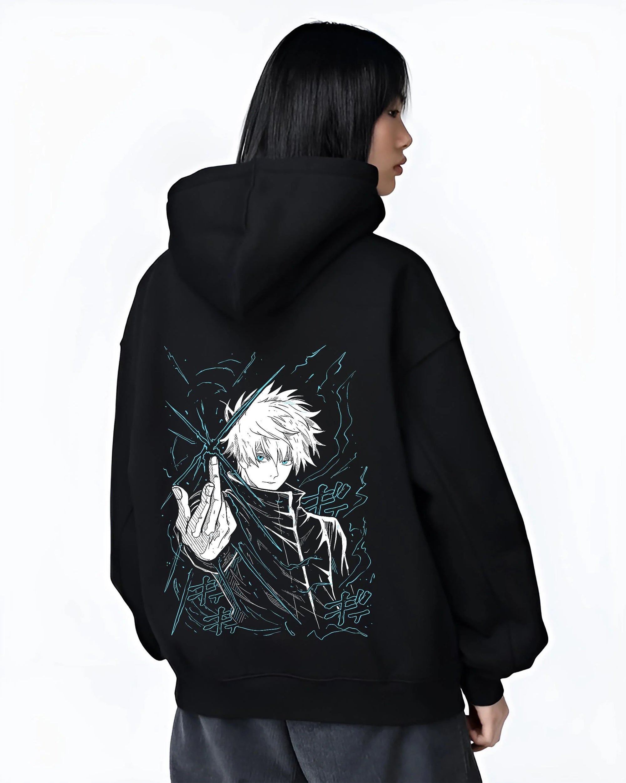 Black hoodie worn by female model, back view with Jujutsu Kaisen Hoodie Satoru Gojo Epic Clash Jumper graphic bold anime graphic.