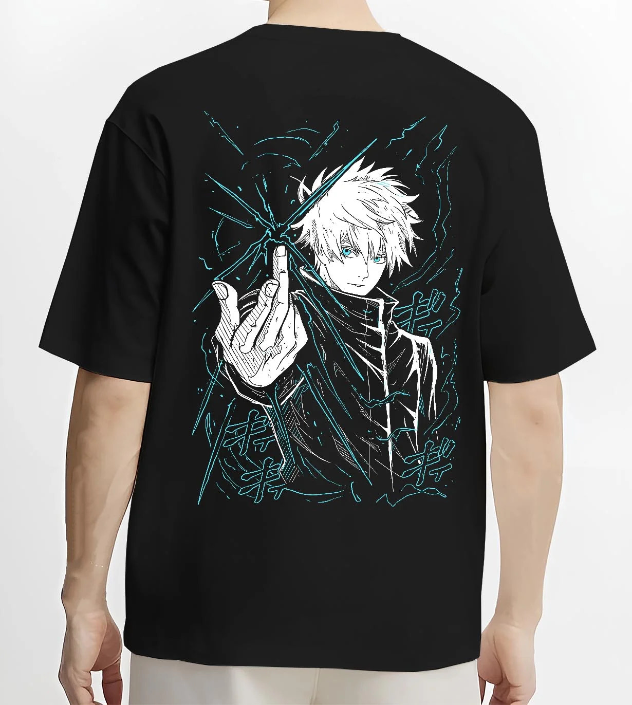 Black T-shirt worn by male model, back view with Jujutsu Kaisen Hoodie Satoru Gojo Epic Clash Jumper graphic bold anime graphic.