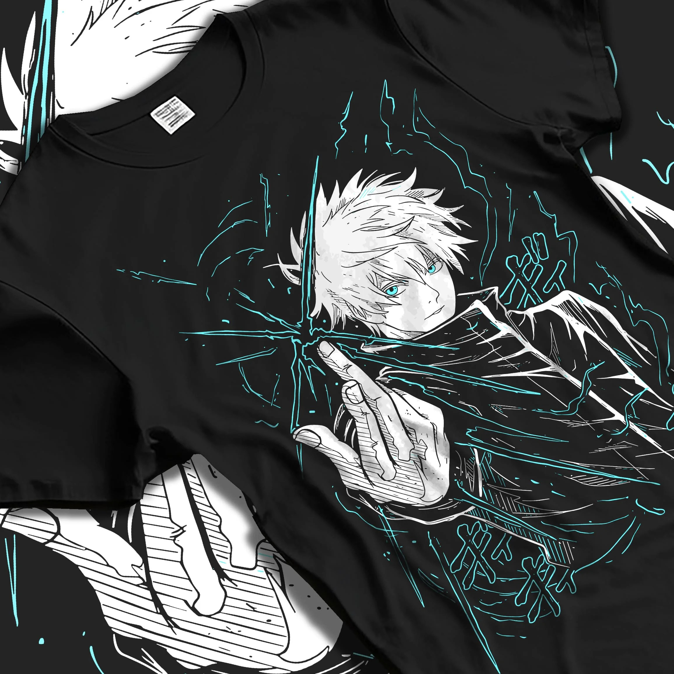 Black T-shirt laid flat with natural folds with Jujutsu Kaisen Hoodie Satoru Gojo Epic Clash Jumper graphic streetwear graphic.