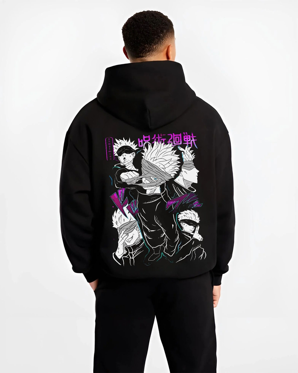 Black hoodie worn by male model from the back featuring Gojo Satoru blindfold cursed power artwork.