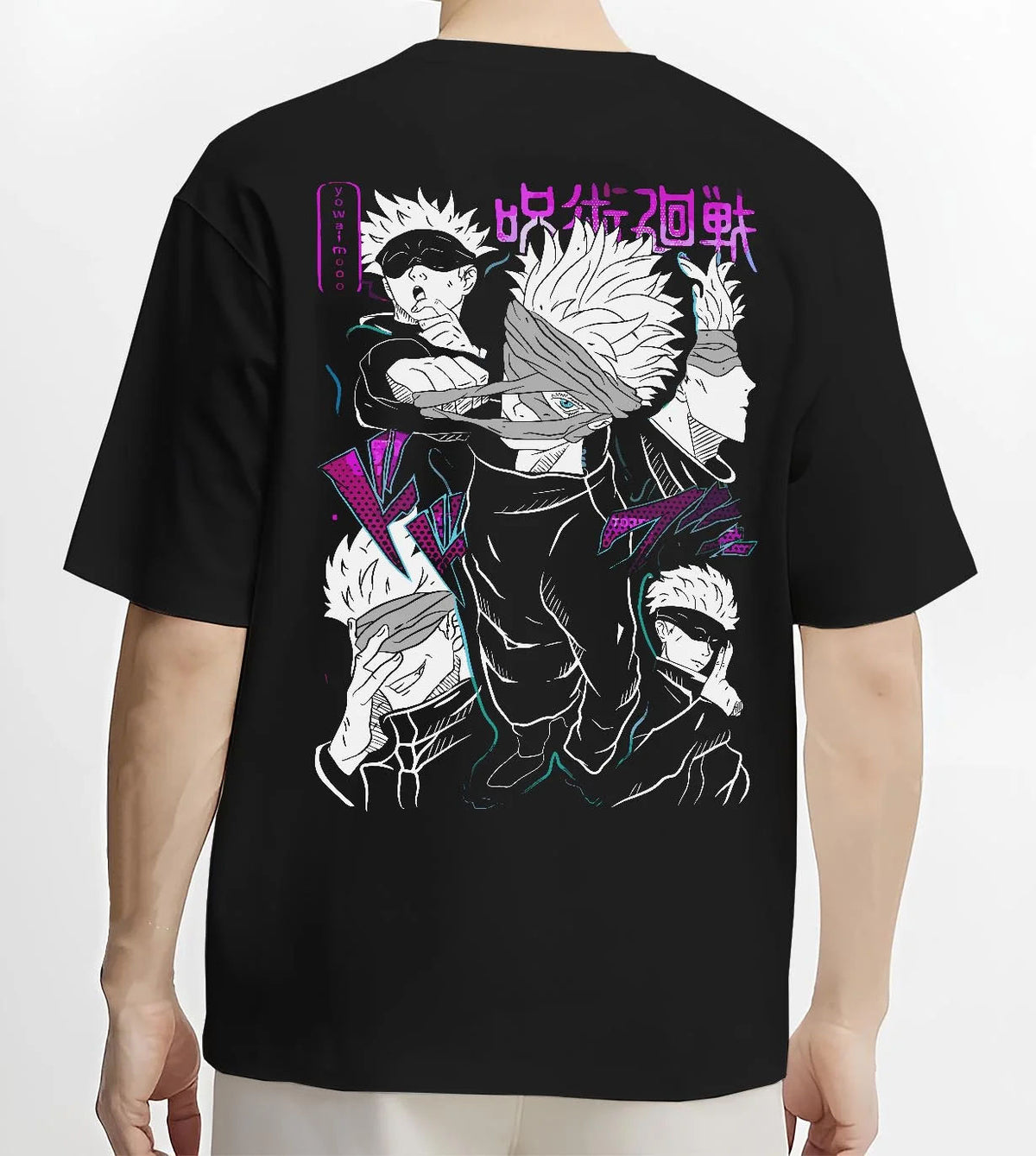 Black T-shirt worn by male model from the back featuring Gojo Satoru blindfold cursed power artwork.