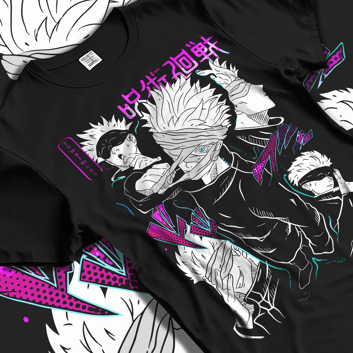 Black T-shirt laid flat with natural folds featuring Gojo Satoru blindfold cursed power artwork.