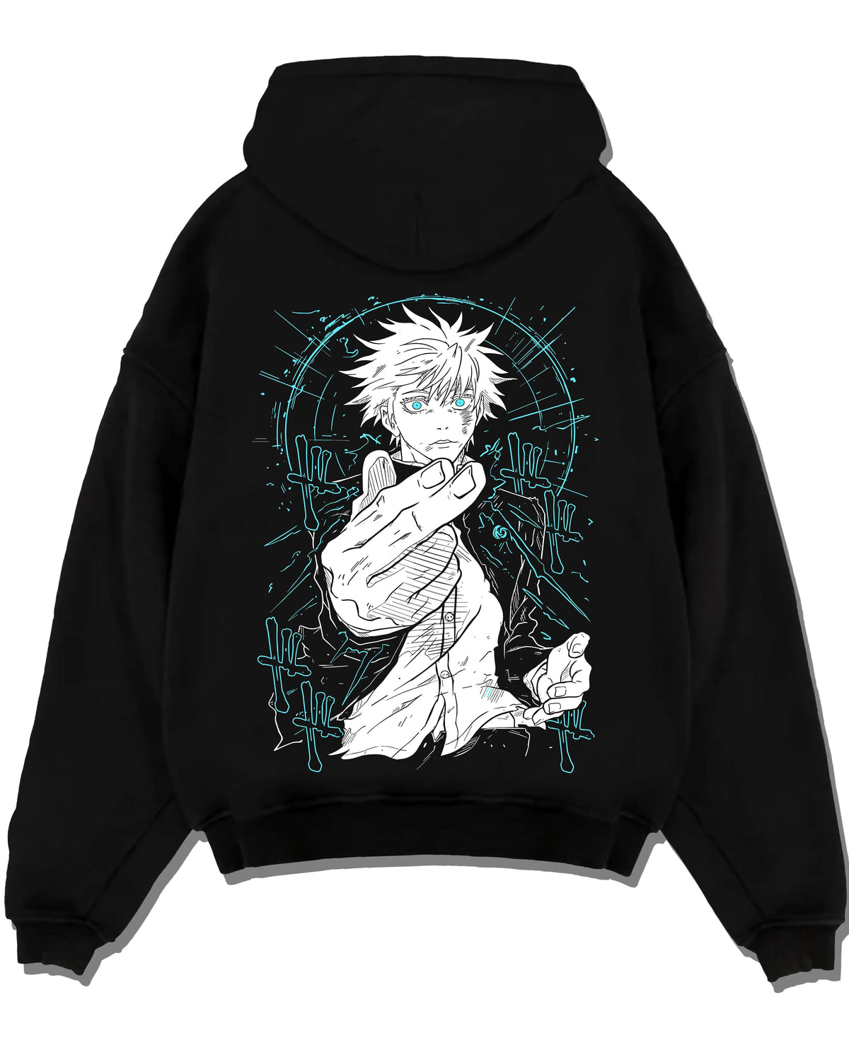 Black hoodie laid flat featuring Gojo Satoru Six Eyes blue energy artwork.