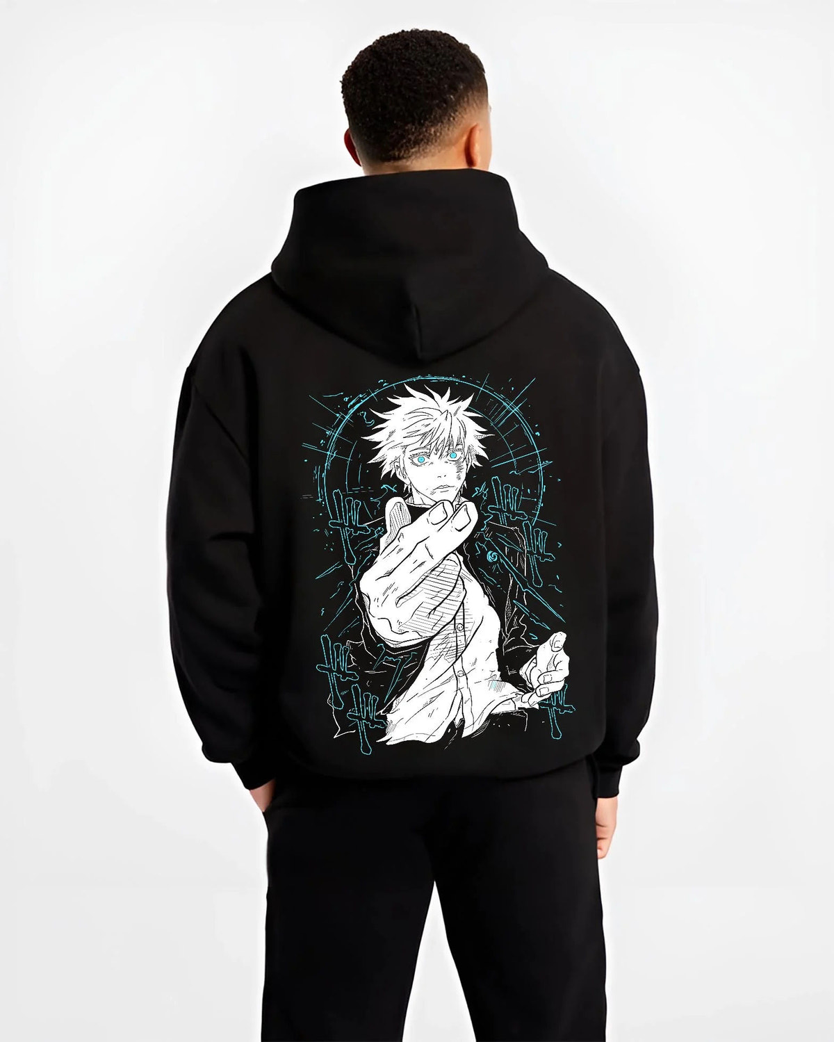 Black hoodie worn by male model from the back featuring Gojo Satoru Six Eyes blue energy artwork.