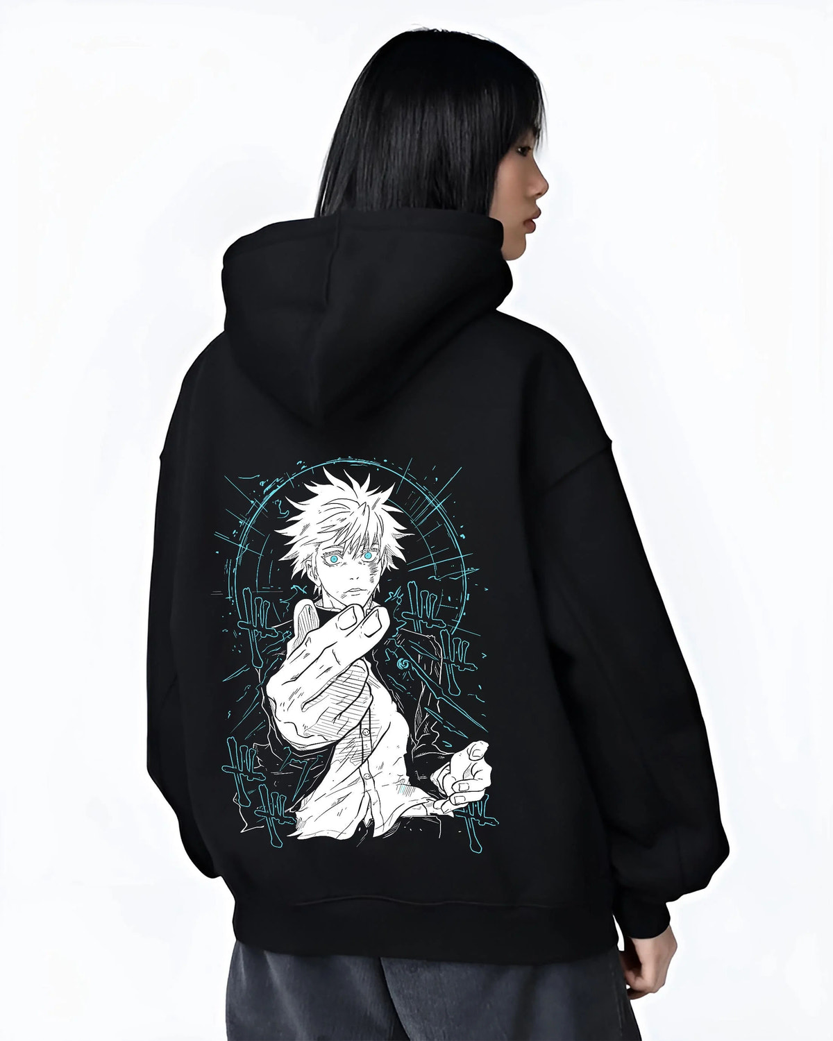 Black hoodie worn by female model from the back featuring Gojo Satoru Six Eyes blue energy artwork.