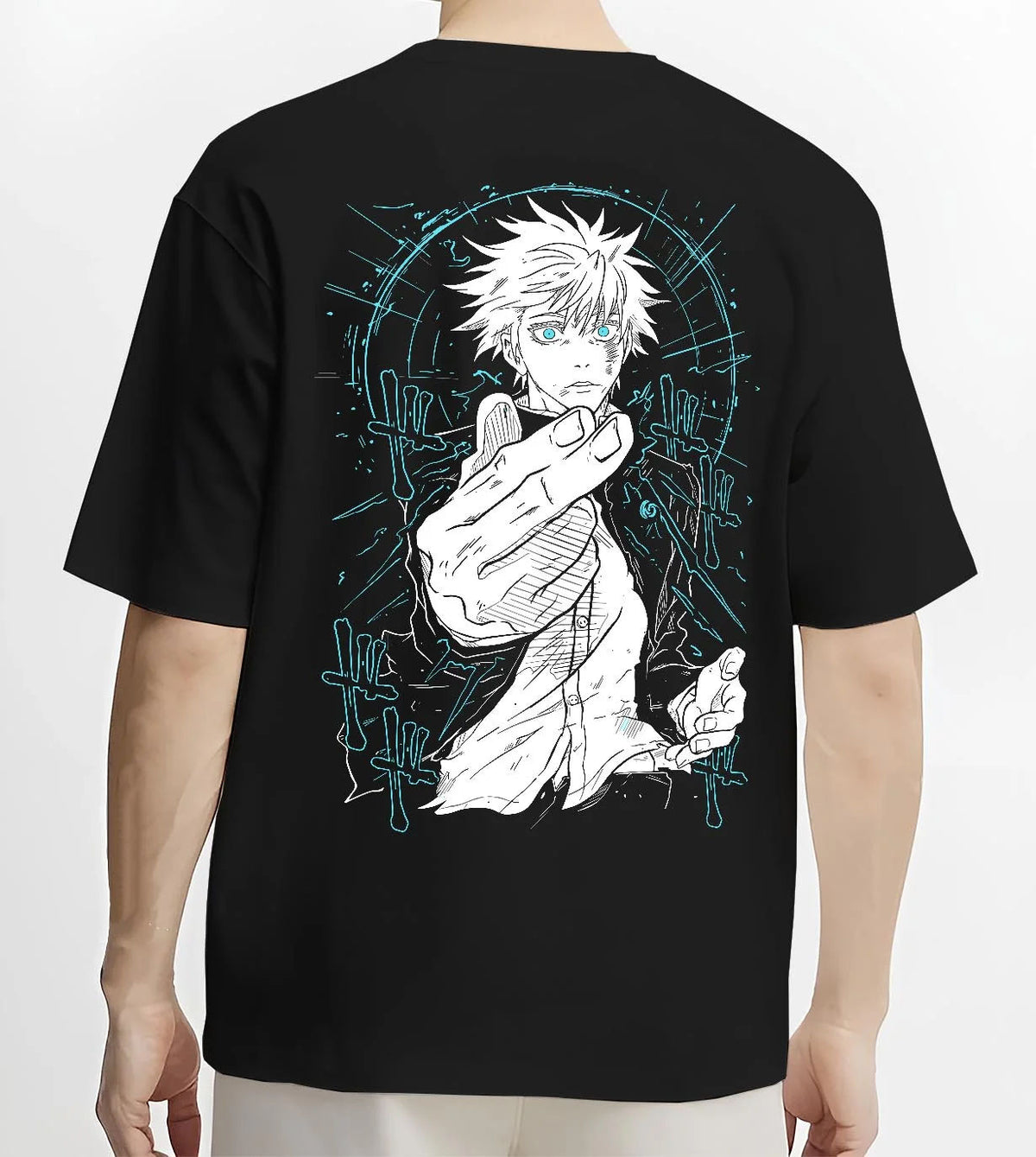 Black T-shirt worn by male model from the back featuring Gojo Satoru Six Eyes blue energy artwork.