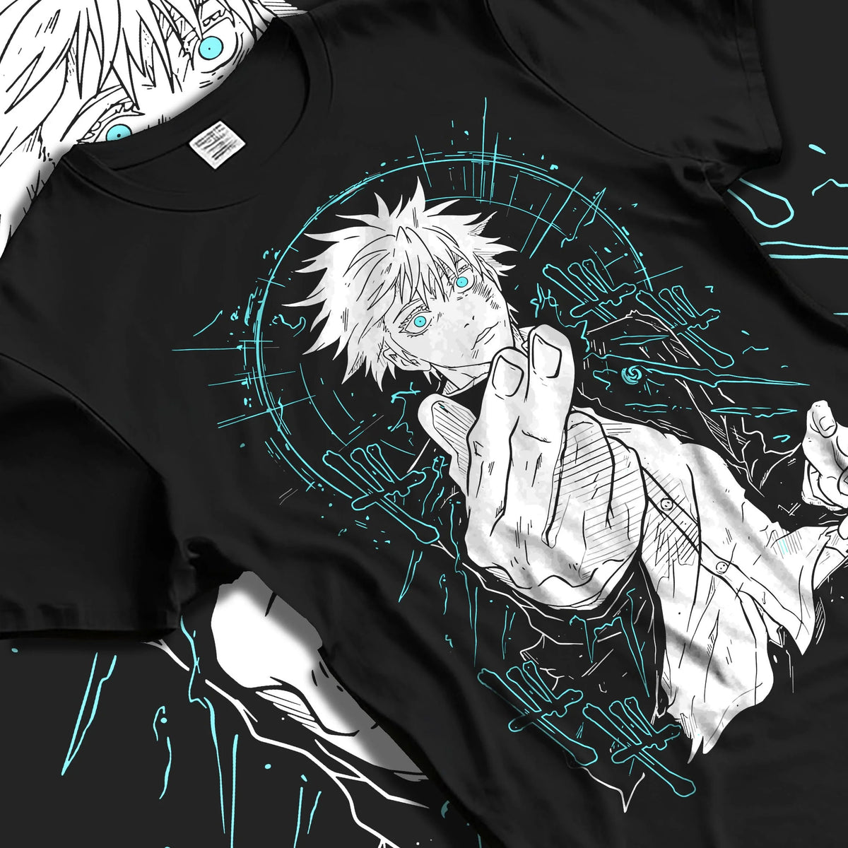 Black T-shirt laid flat with natural folds featuring Gojo Satoru Six Eyes blue energy artwork.