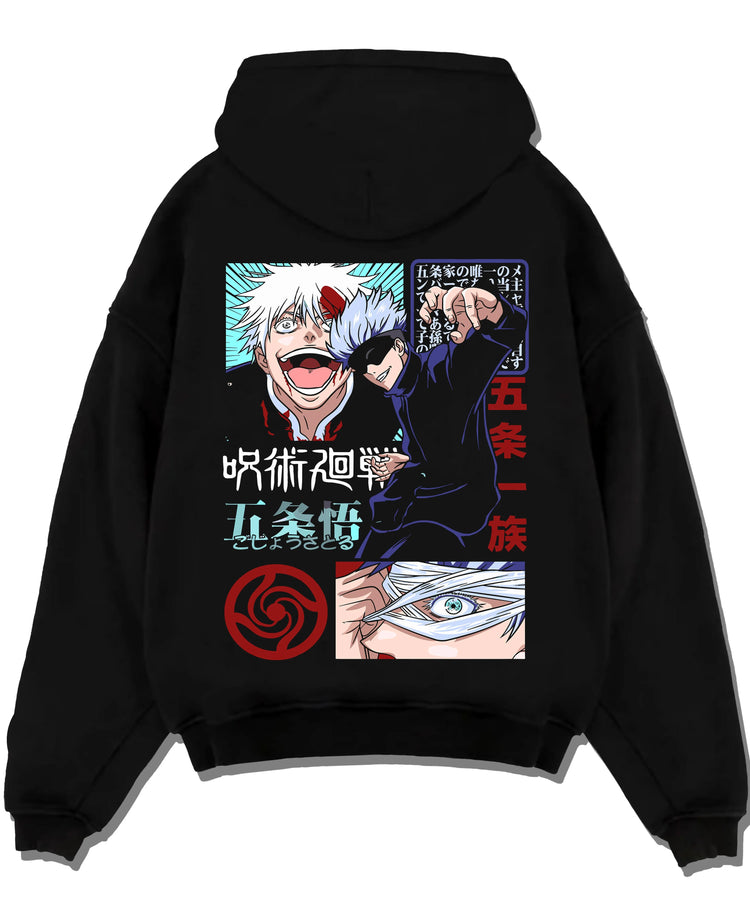 Black pullover hoodie laid flat with Jujutsu Kaisen Hoodie Satoru Gojo Battle Mode Jumper graphic premium wear.