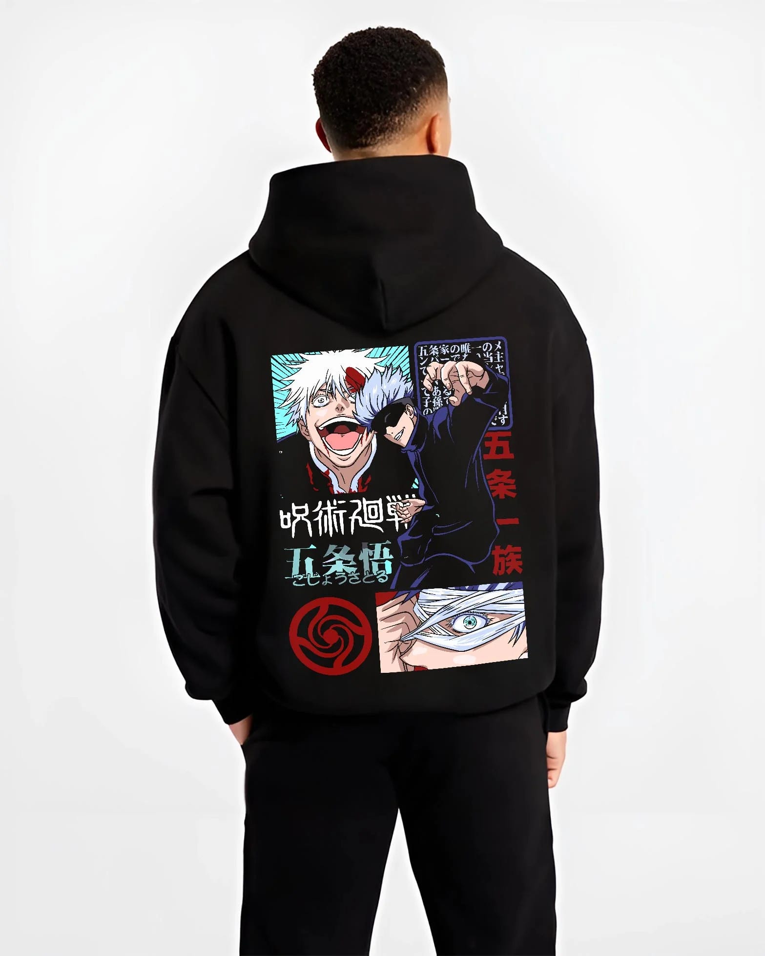 Black hoodie worn by male model, back view with Jujutsu Kaisen Hoodie Satoru Gojo Battle Mode Jumper graphic premium wear.