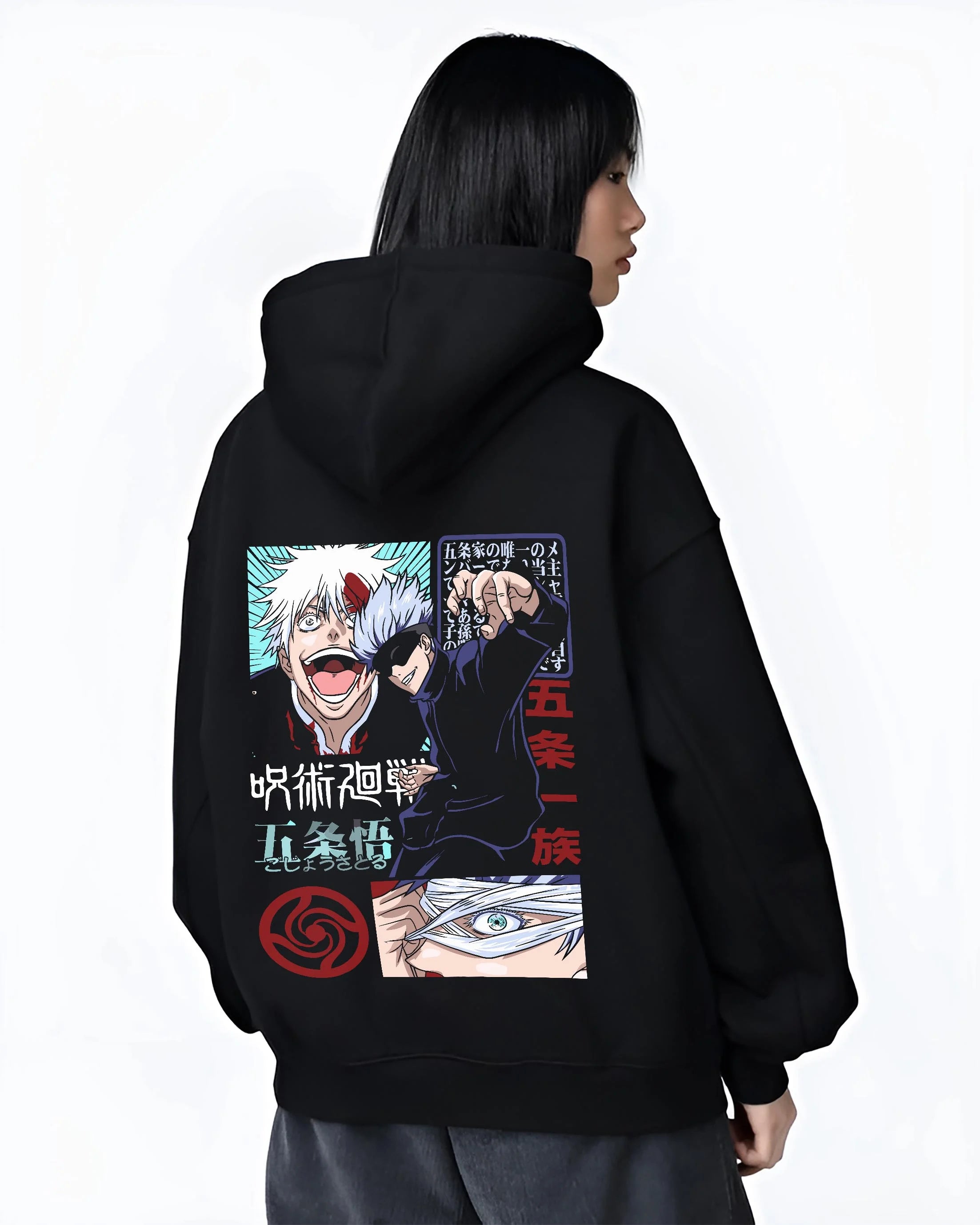 Black hoodie worn by female model, back view with Jujutsu Kaisen Hoodie Satoru Gojo Battle Mode Jumper graphic bold anime graphic.