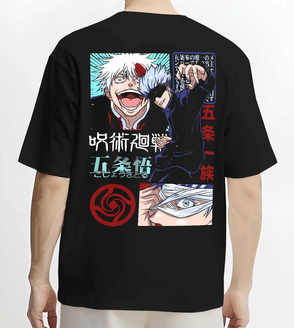Black T-shirt worn by male model, back view with Jujutsu Kaisen Hoodie Satoru Gojo Battle Mode Jumper graphic premium wear.