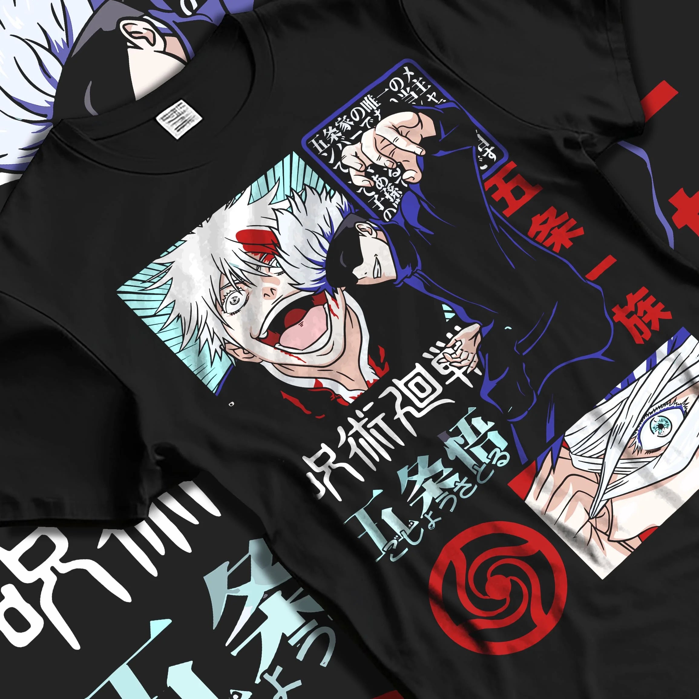 Black T-shirt laid flat with natural folds with Jujutsu Kaisen Hoodie Satoru Gojo Battle Mode Jumper graphic premium wear.