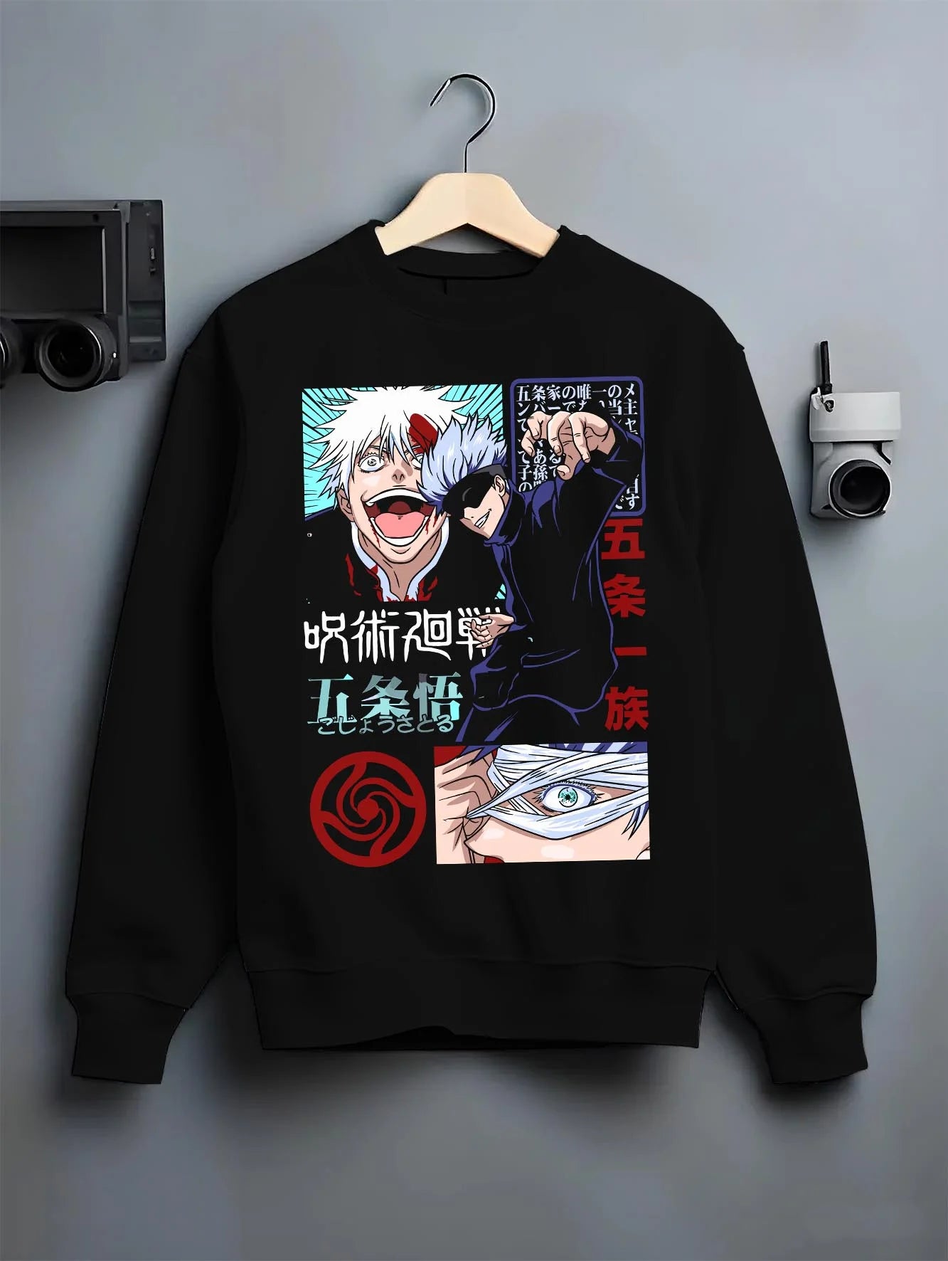 Black crewneck sweatshirt on hanger with Jujutsu Kaisen Hoodie Satoru Gojo Battle Mode Jumper graphic premium wear.