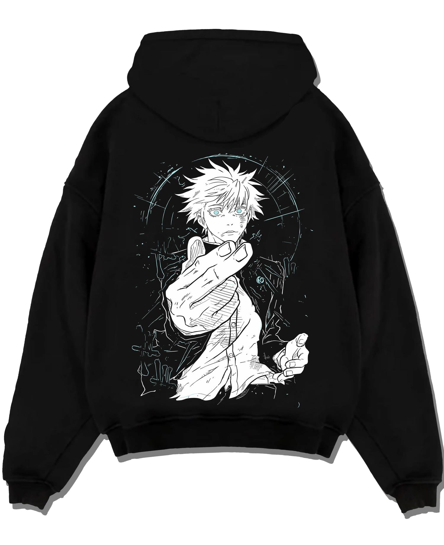Black pullover hoodie laid flat with Jujutsu Kaisen Hoodie Satoru Gojo Dark Energy Jumper graphic bold anime graphic.