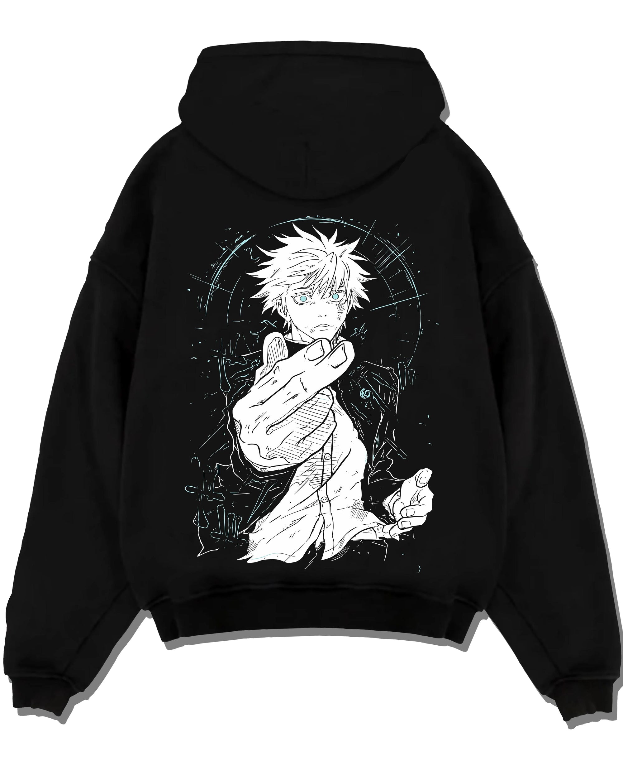 Black pullover hoodie laid flat with Jujutsu Kaisen Hoodie Satoru Gojo Dark Energy Jumper graphic bold anime graphic.