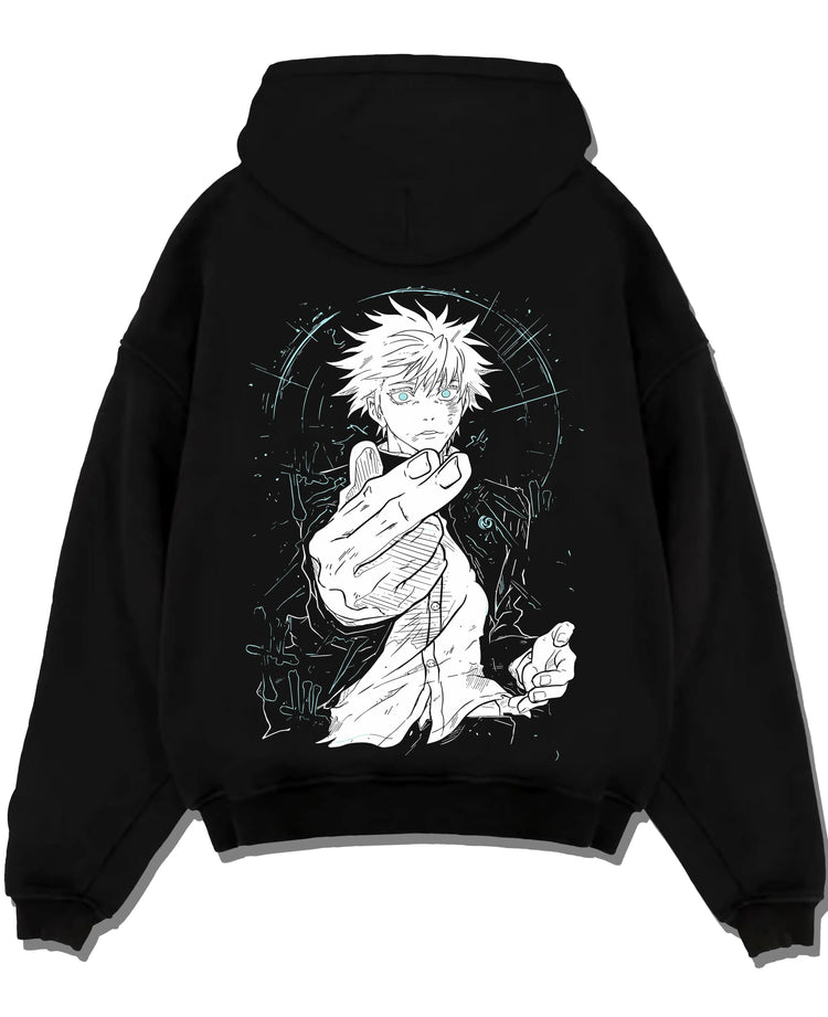 Black pullover hoodie laid flat with Jujutsu Kaisen Hoodie Satoru Gojo Dark Energy Jumper graphic bold anime graphic.