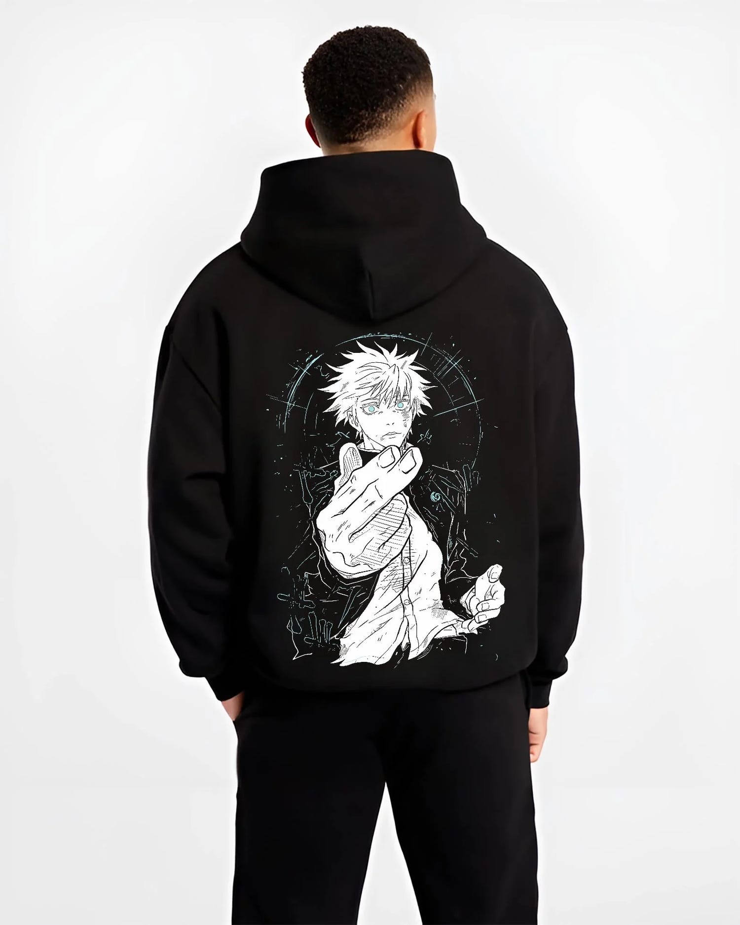 Black hoodie worn by male model, back view with Jujutsu Kaisen Hoodie Satoru Gojo Dark Energy Jumper graphic streetwear graphic.