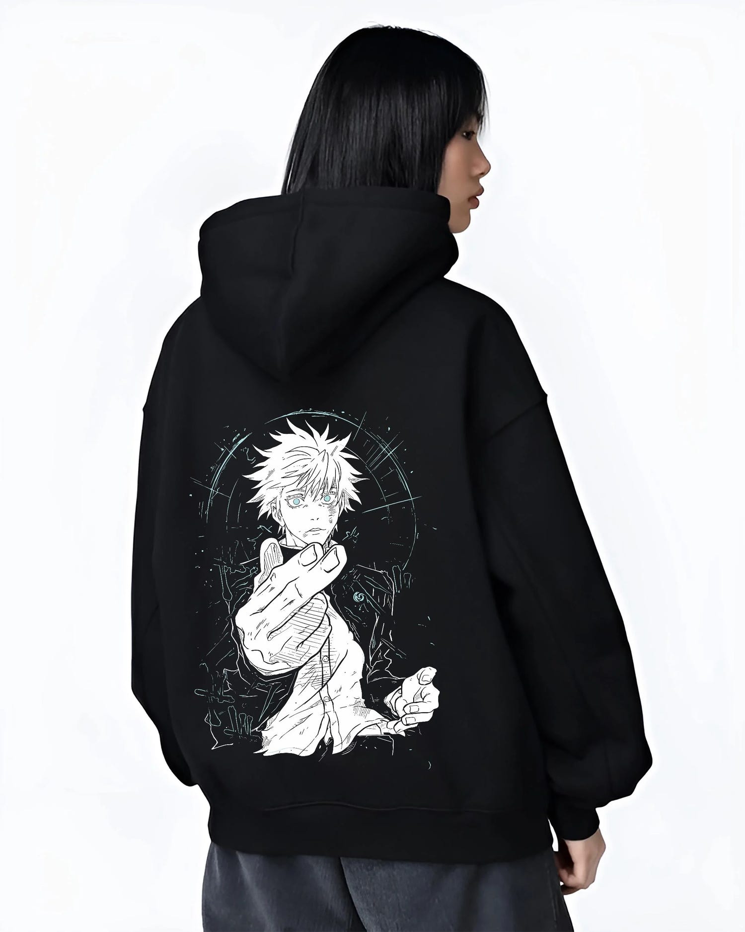 Black hoodie worn by female model, back view with Jujutsu Kaisen Hoodie Satoru Gojo Dark Energy Jumper graphic streetwear graphic.