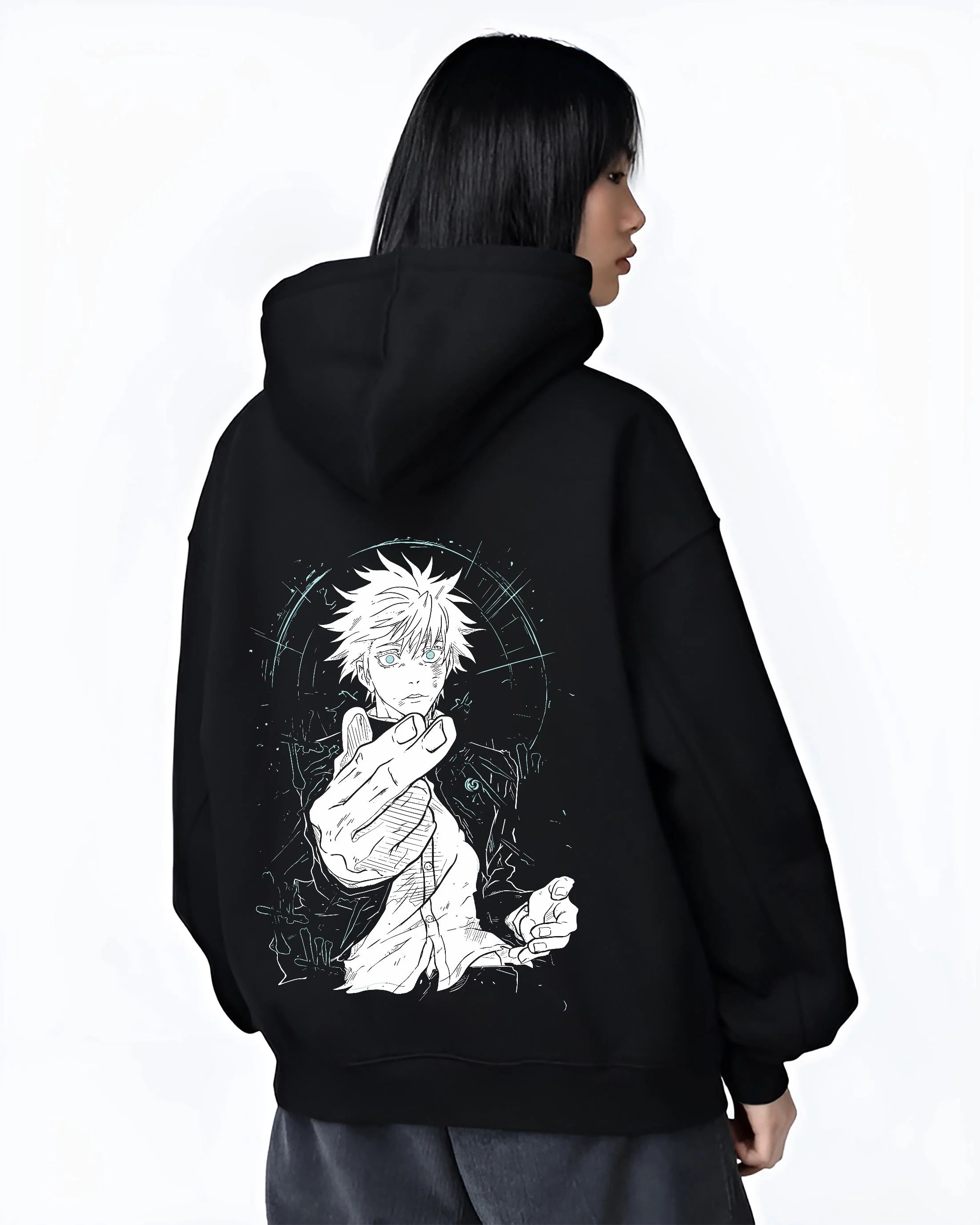 Black hoodie worn by female model, back view with Jujutsu Kaisen Hoodie Satoru Gojo Dark Energy Jumper graphic streetwear graphic.