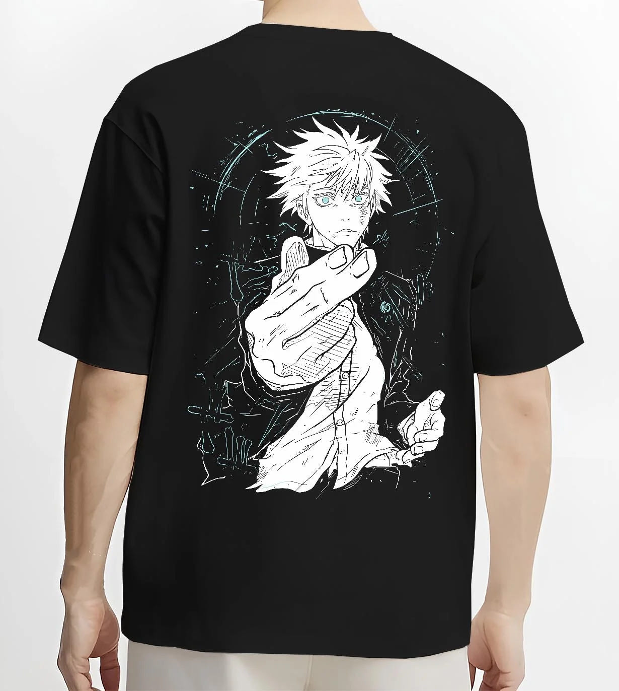 Black T-shirt worn by male model, back view with Jujutsu Kaisen Hoodie Satoru Gojo Dark Energy Jumper graphic bold anime graphic.