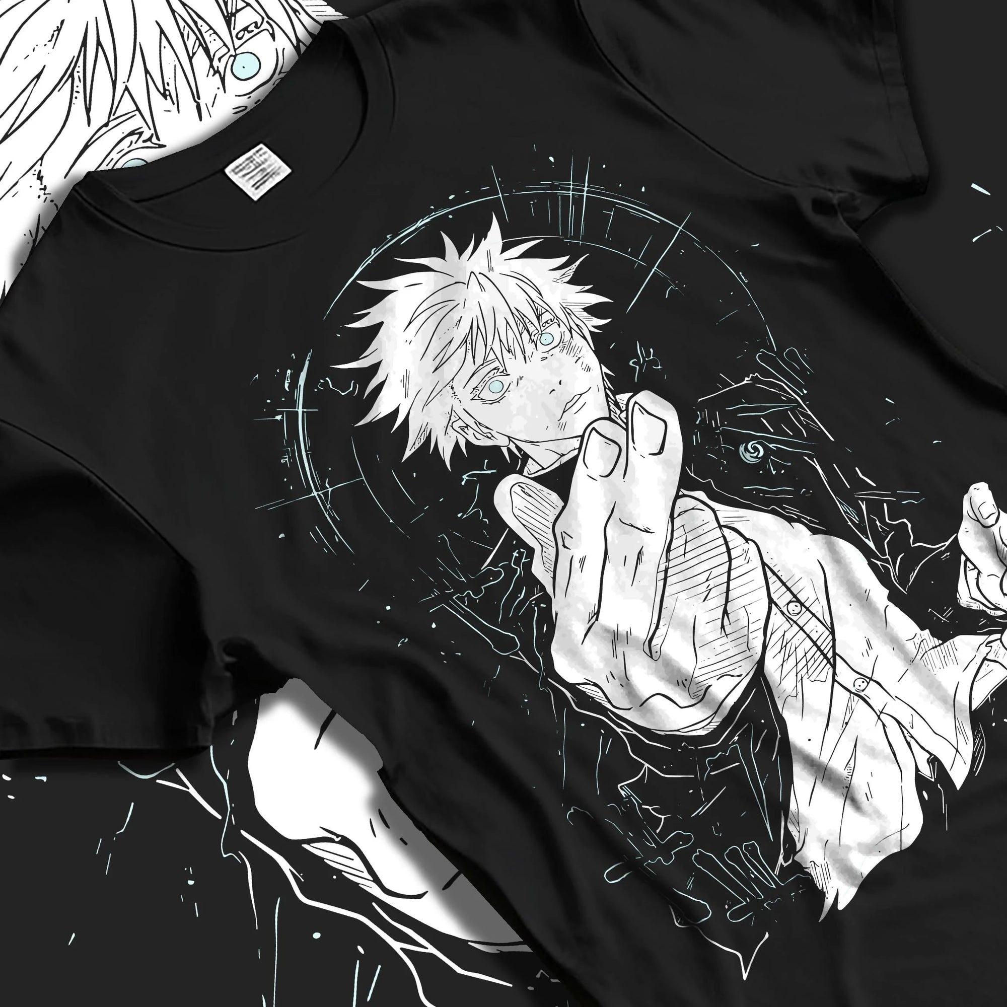 Black T-shirt laid flat with natural folds with Jujutsu Kaisen Hoodie Satoru Gojo Dark Energy Jumper graphic premium wear.