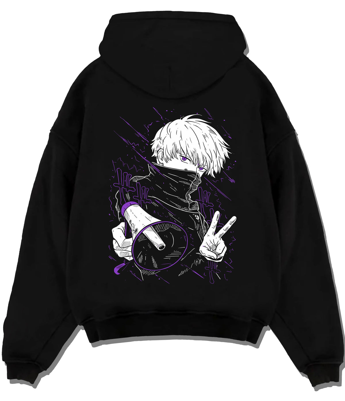 Black hoodie flat back view showing Satoru Gojo from Jujutsu Kaisen: blindfold high-collar pose