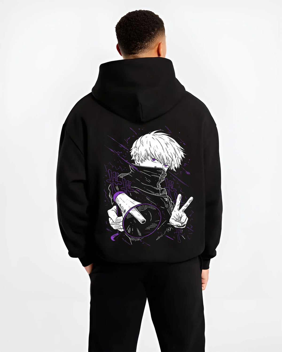Black hoodie model back view showing Satoru Gojo from Jujutsu Kaisen: blindfold high-collar pose