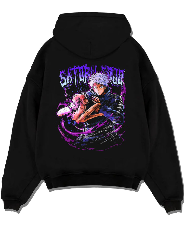 Black pullover hoodie laid flat with Jujutsu Kaisen Hoodie Satoru Gojo Hero Pose Jumper graphic bold anime graphic.