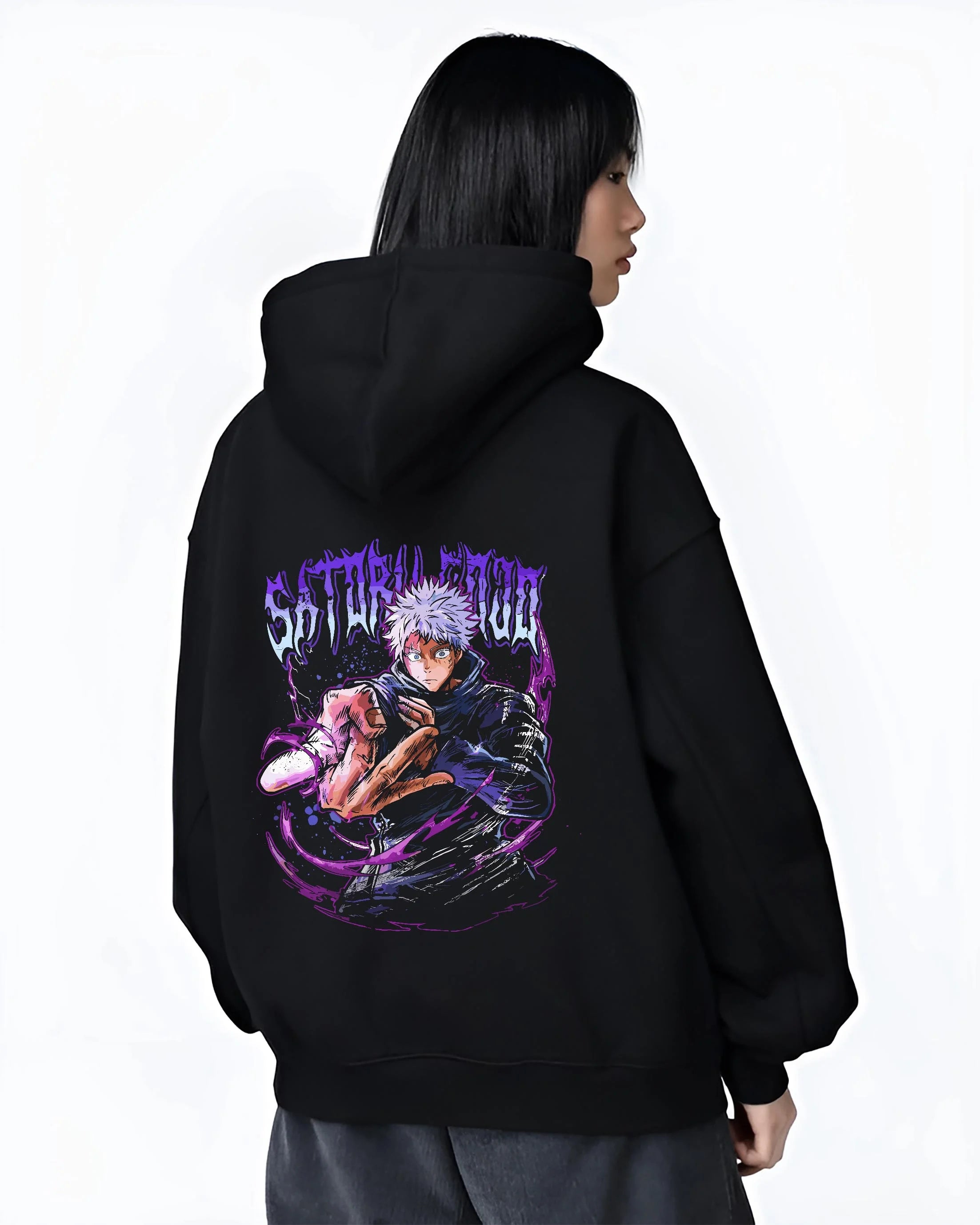 Black hoodie worn by female model, back view with Jujutsu Kaisen Hoodie Satoru Gojo Hero Pose Jumper graphic premium wear.