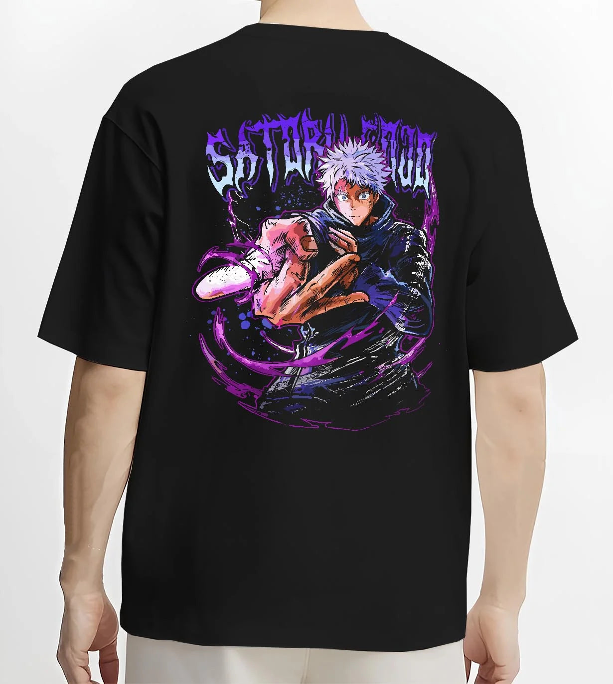Black T-shirt worn by male model, back view with Jujutsu Kaisen Hoodie Satoru Gojo Hero Pose Jumper graphic premium wear.