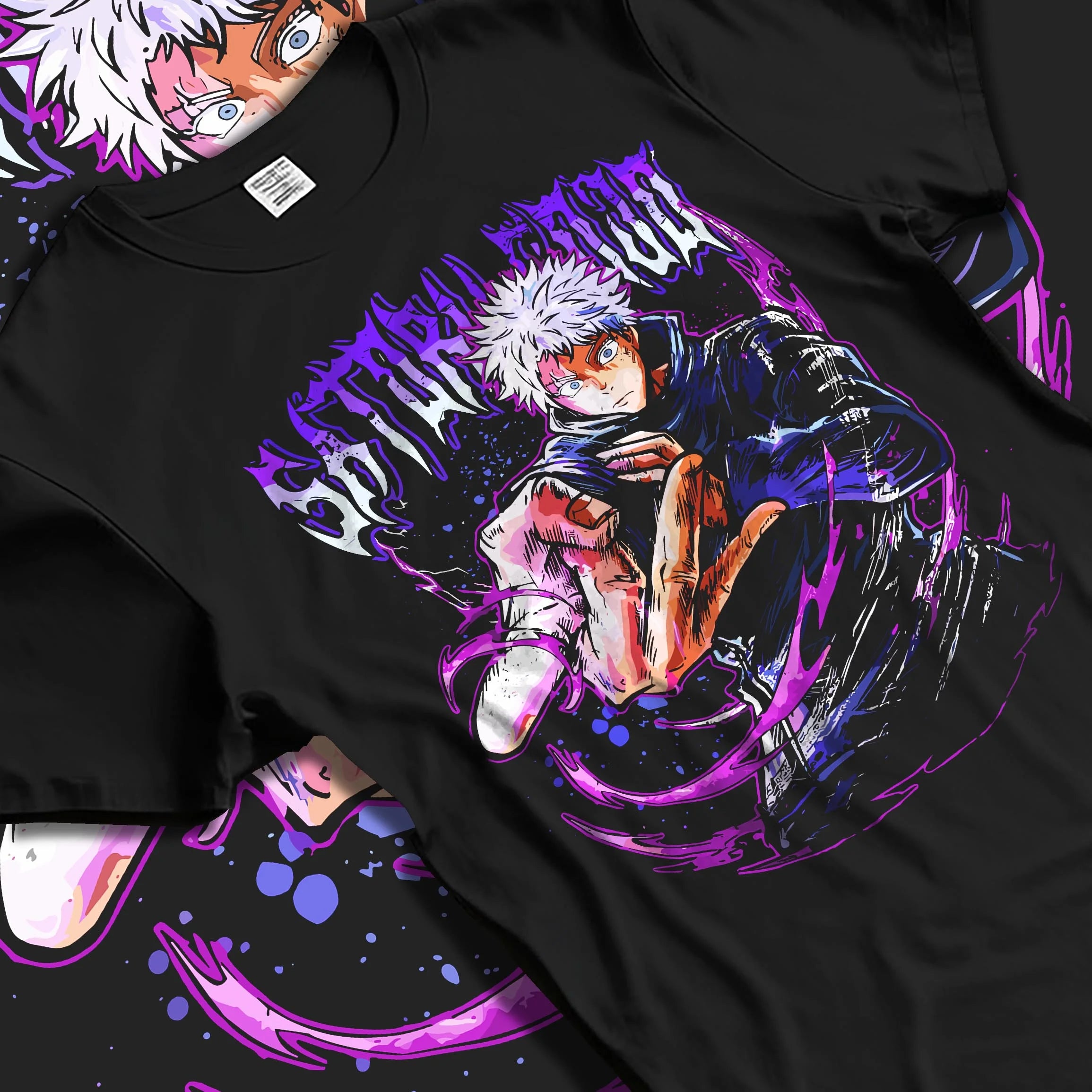 Black T-shirt laid flat with natural folds with Jujutsu Kaisen Hoodie Satoru Gojo Hero Pose Jumper graphic streetwear graphic.