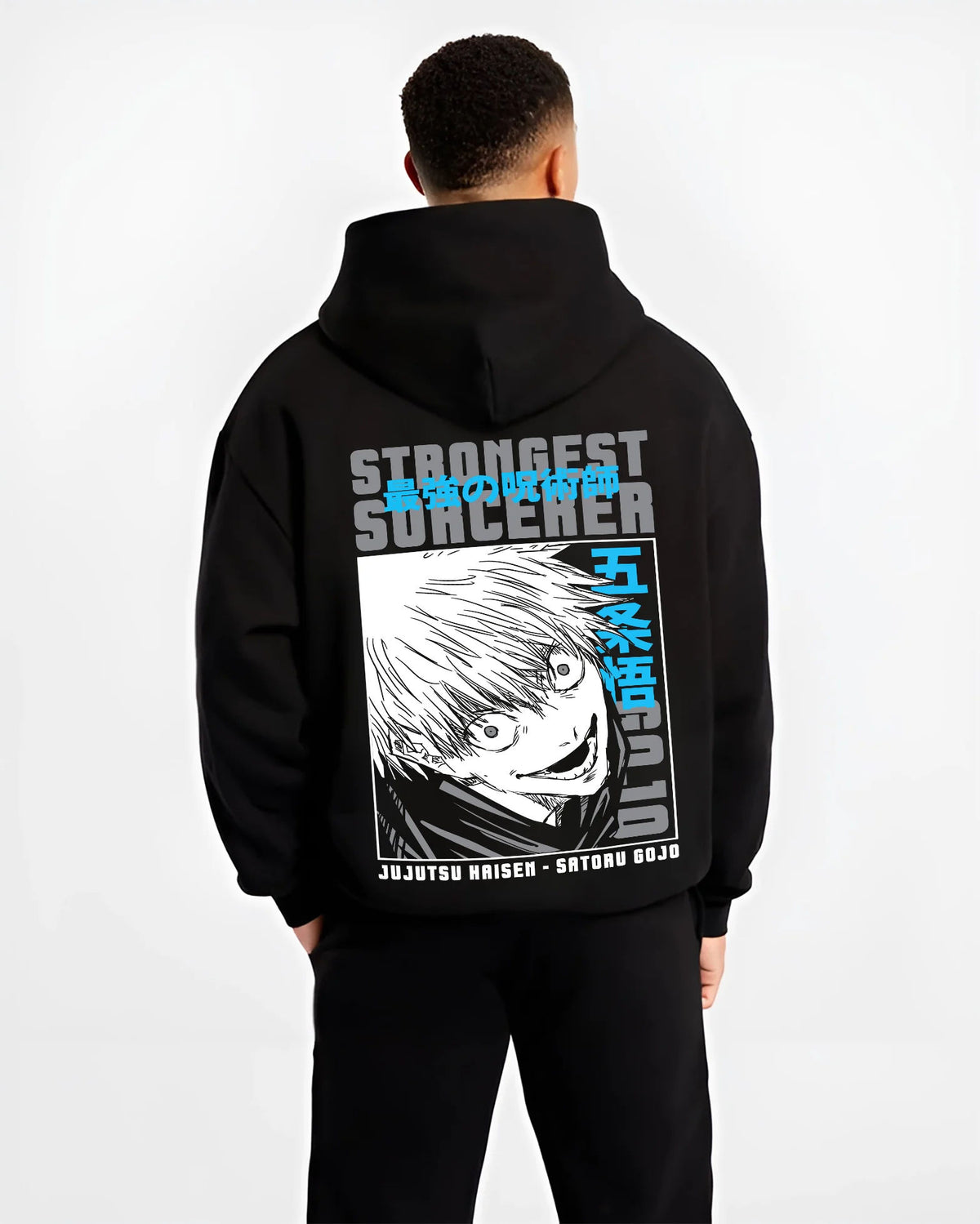 Black hoodie model back view showing Satoru Gojo from Jujutsu Kaisen: strongest sorcerer manga close-up