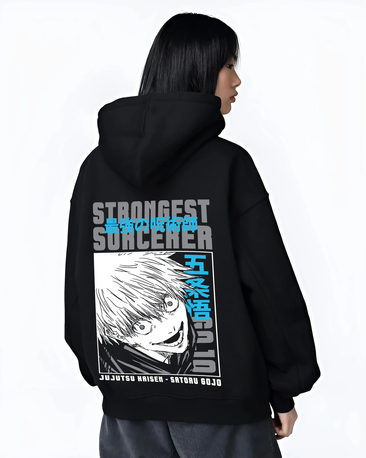 Black hoodie female model back view showing Satoru Gojo from Jujutsu Kaisen: strongest sorcerer manga close-up