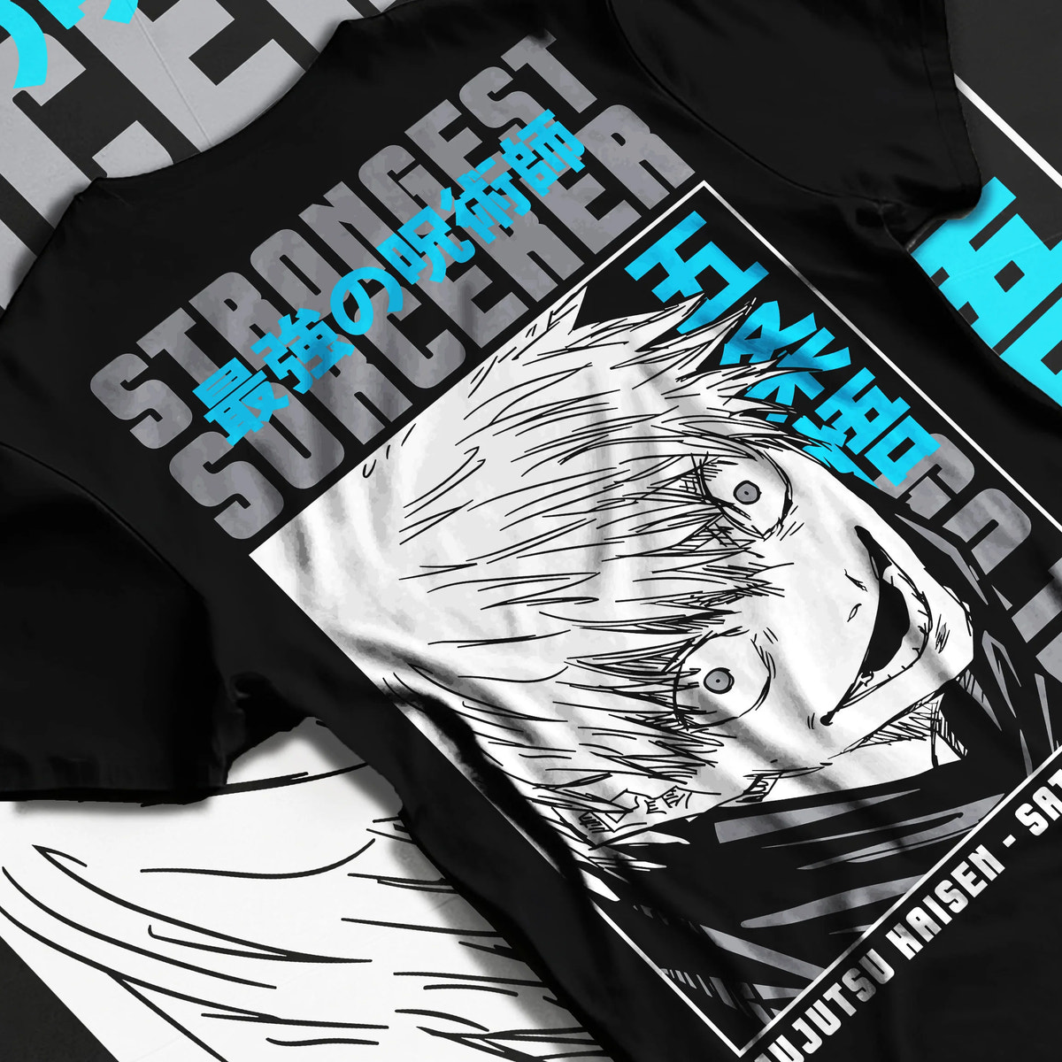 Black T-shirt flat back view showing Satoru Gojo from Jujutsu Kaisen: strongest sorcerer manga close-up