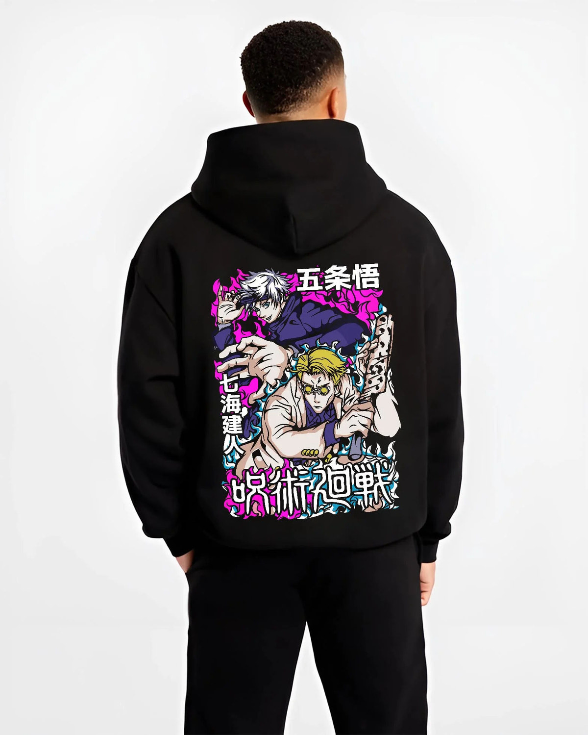 Black hoodie worn by male model from the back featuring Gojo and Nanami sorcerer duo artwork.