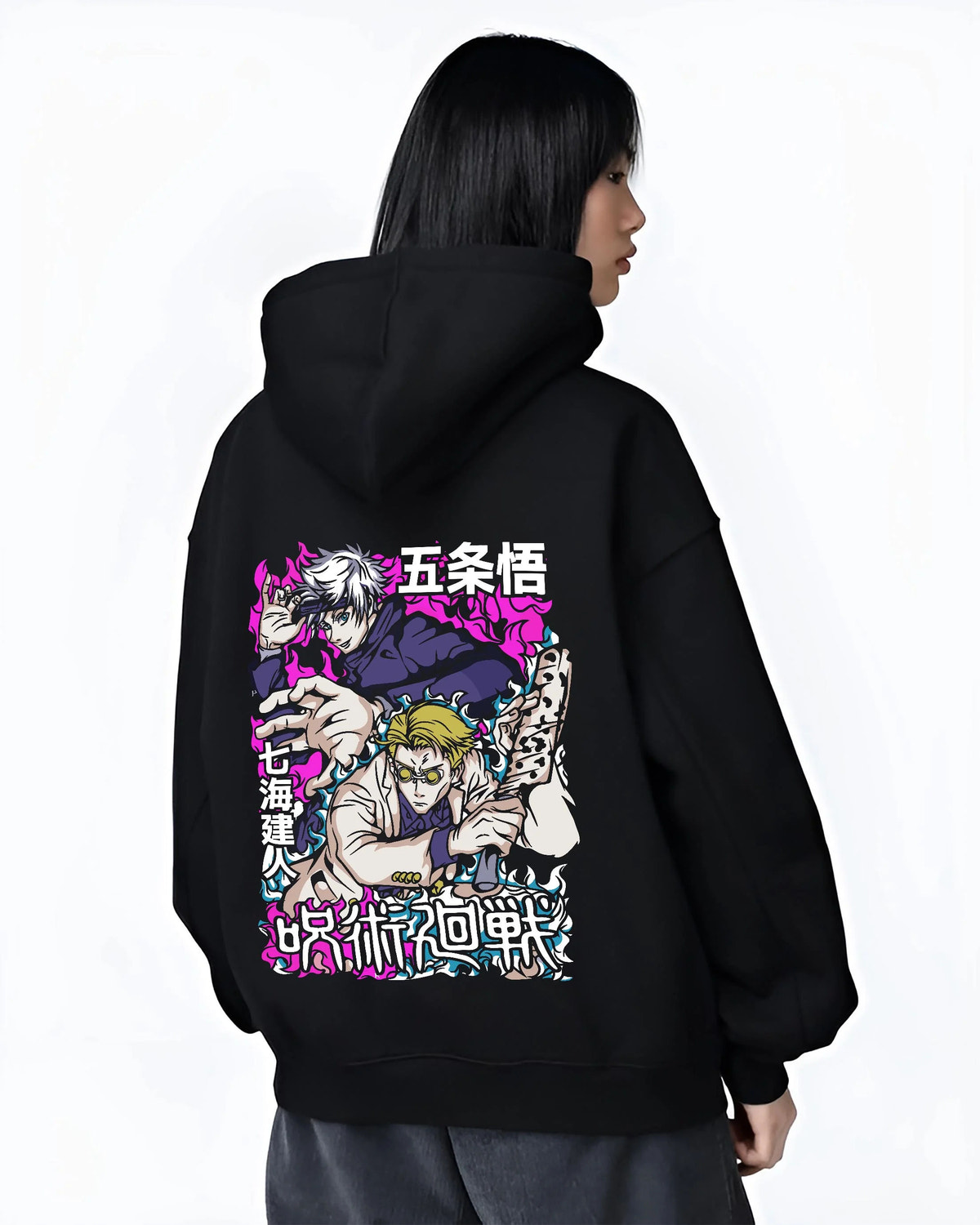 Black hoodie worn by female model from the back featuring Gojo and Nanami sorcerer duo artwork.