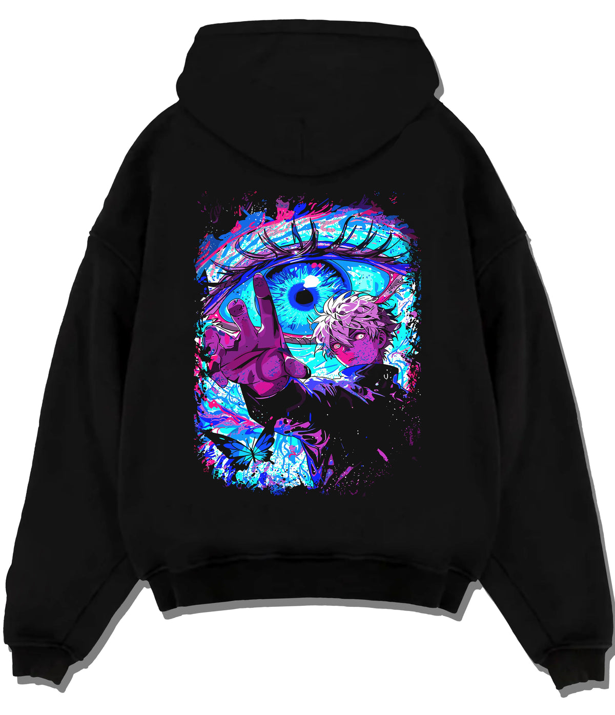 Black hoodie flat back view showing Satoru Gojo from Jujutsu Kaisen: Six Eyes and cursed energy