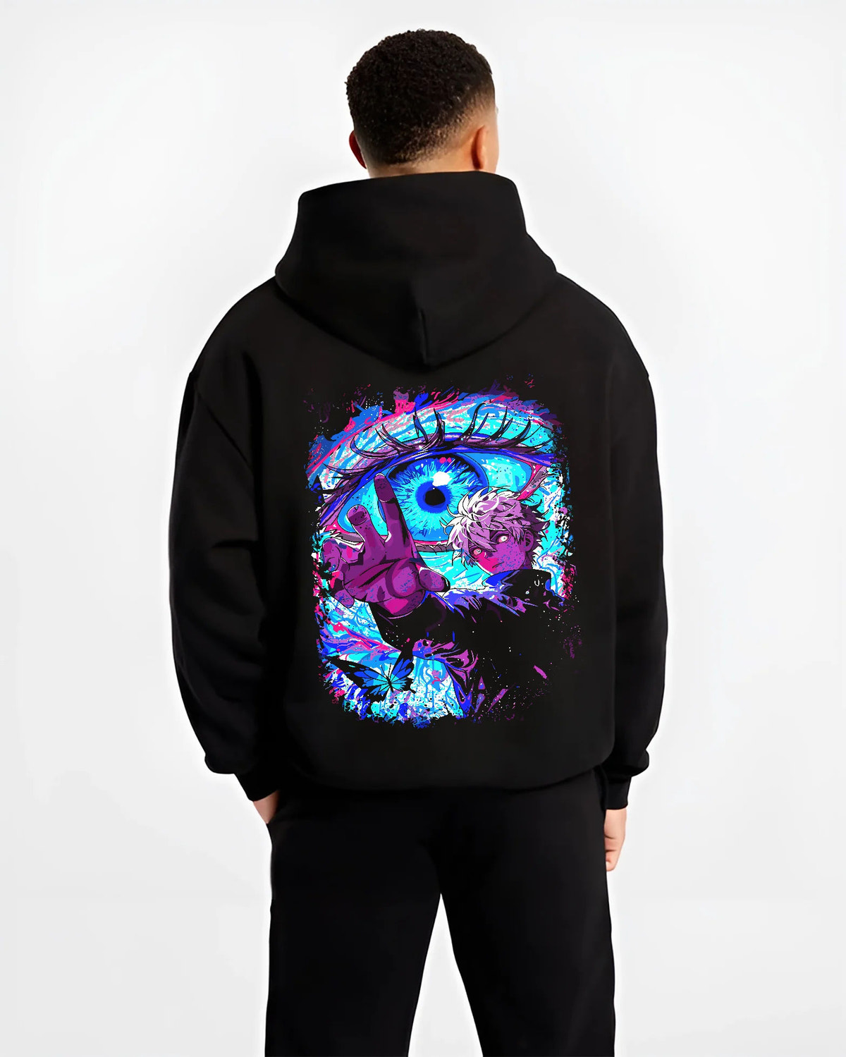 Black hoodie model back view showing Satoru Gojo from Jujutsu Kaisen: Six Eyes and cursed energy